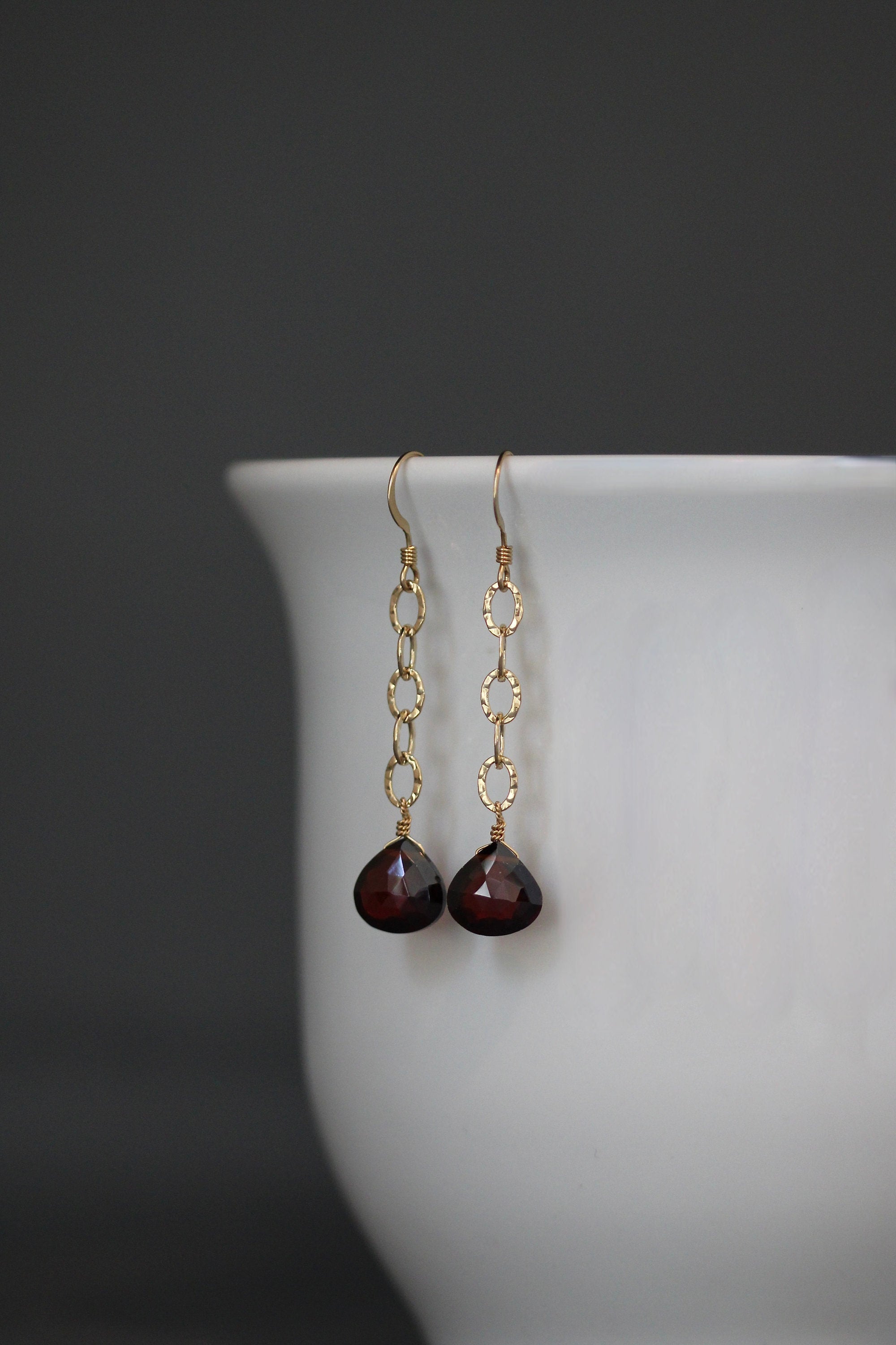Red Garnet Quartz Teardrop Earrings on Hammered Gold Filled Links
