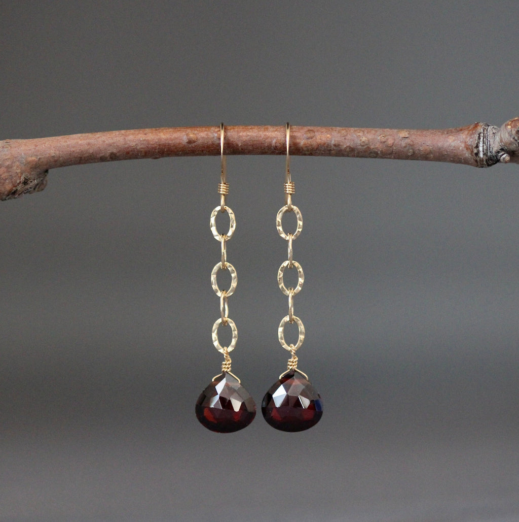 Red Garnet Quartz Teardrop Earrings on Hammered Gold Filled Links