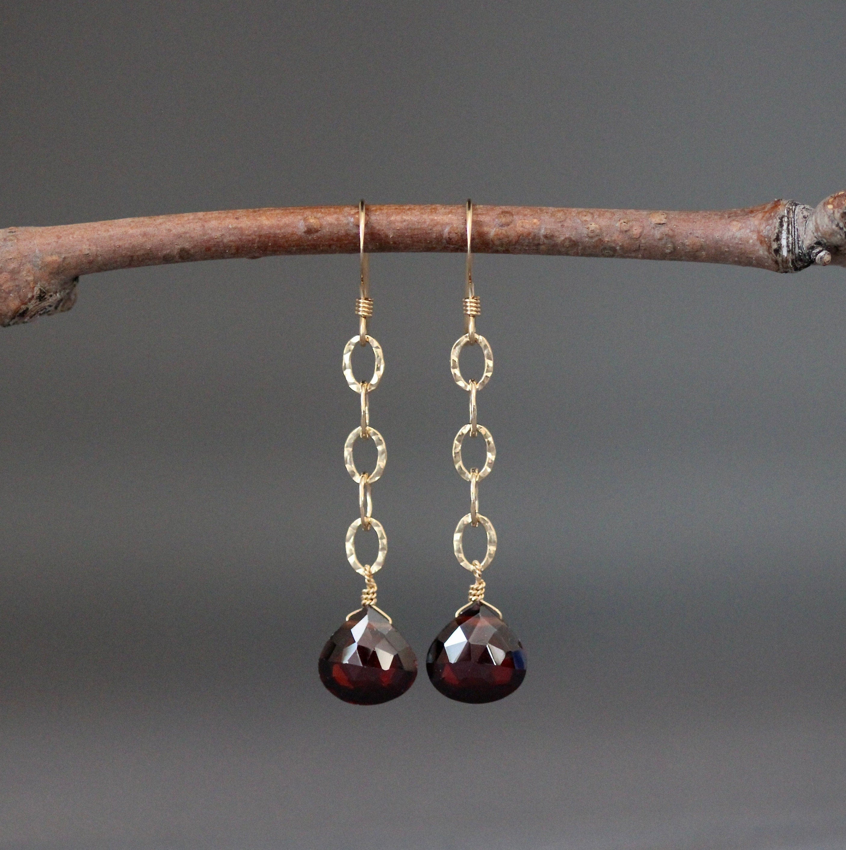 Red Garnet Quartz Teardrop Earrings on Hammered Gold Filled Links