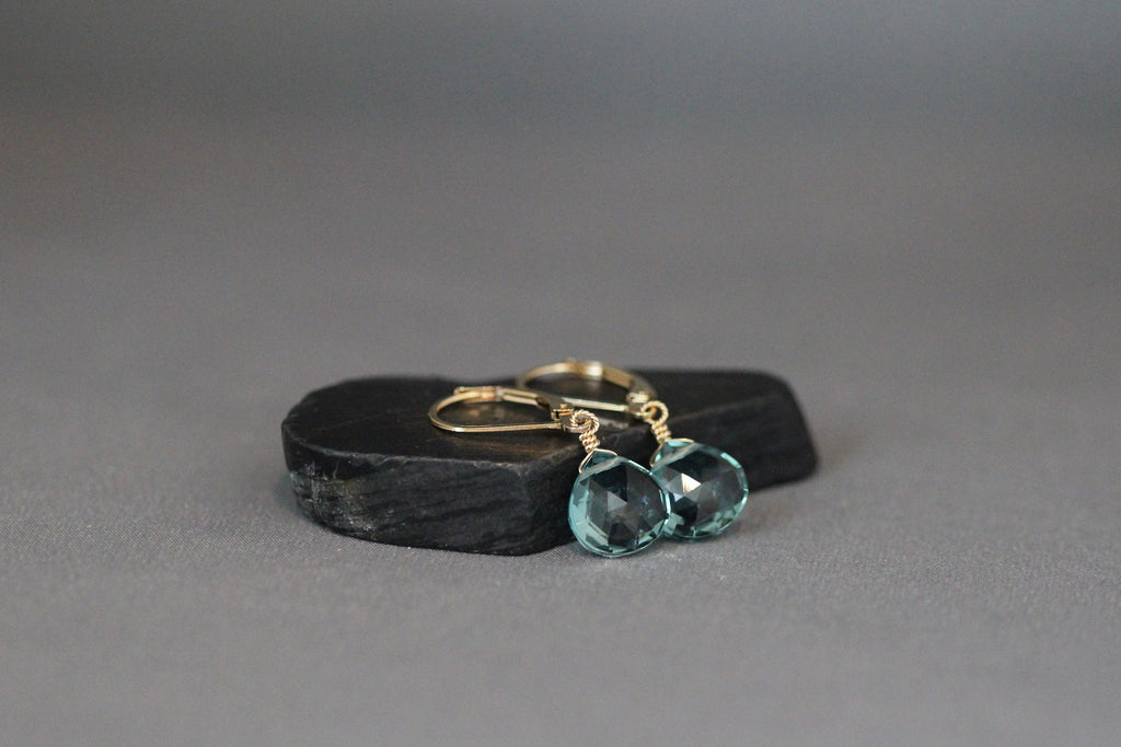 Teal Blue Quartz Teardrop Dangle Earrings on Gold Filled Leverbacks