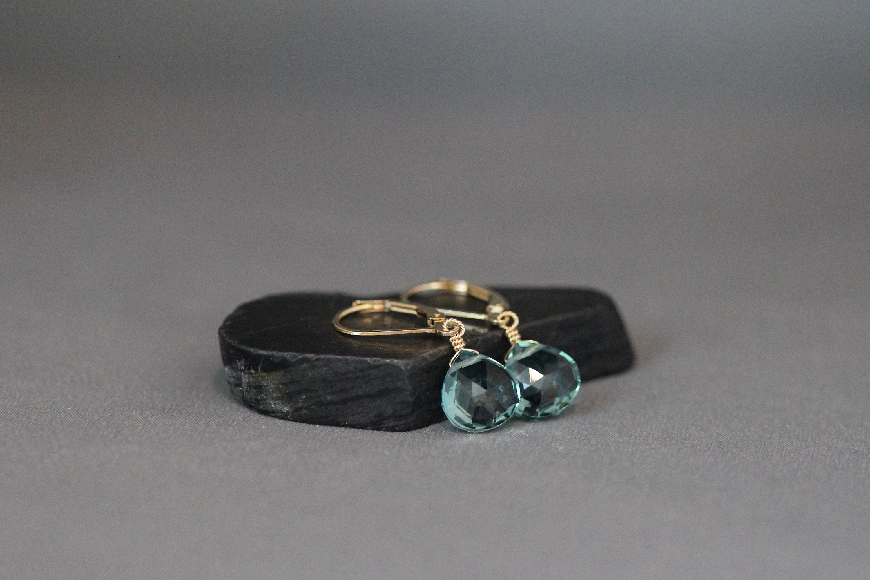 Teal Blue Quartz Teardrop Dangle Earrings on Gold Filled Leverbacks
