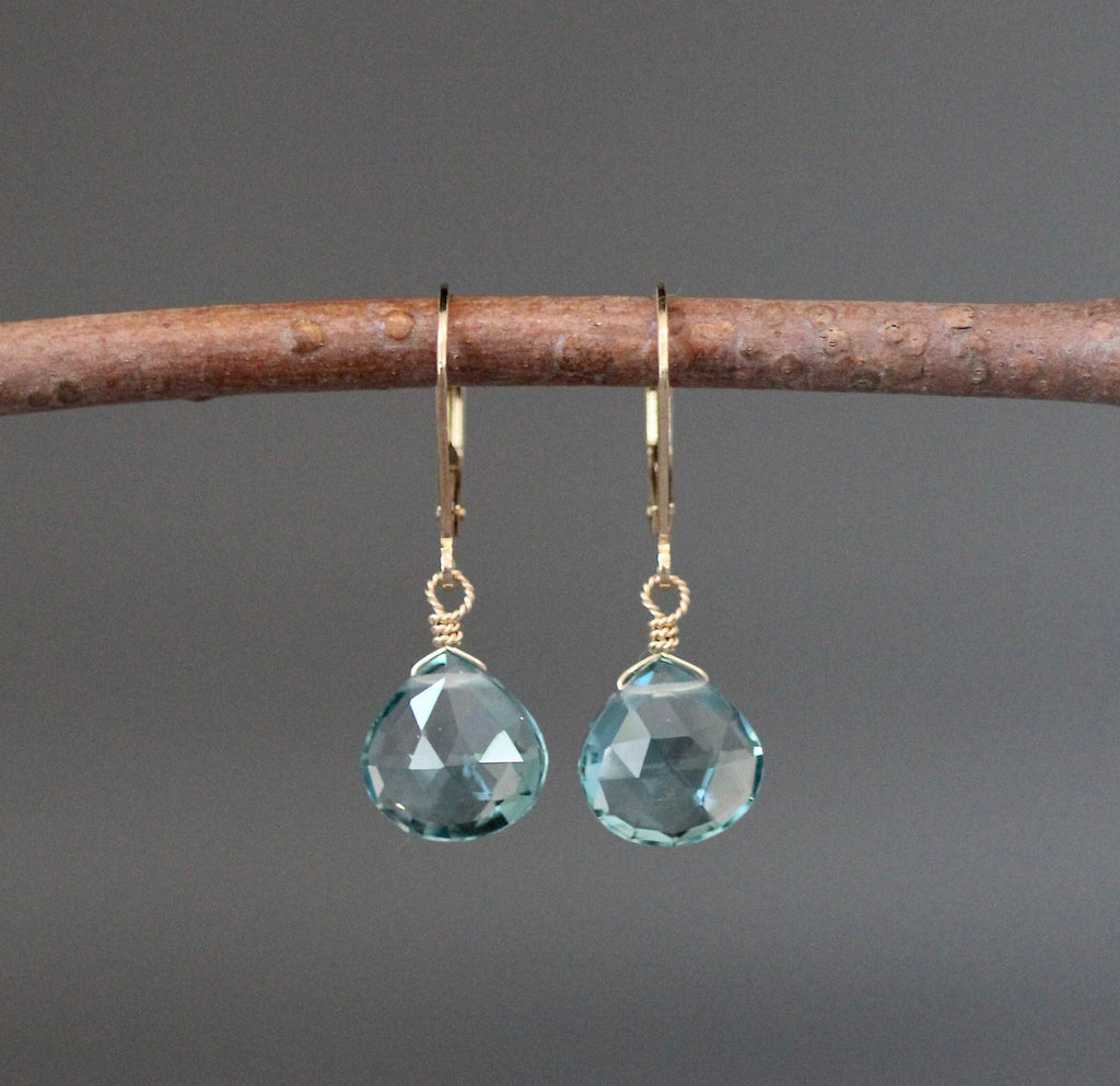 Teal Blue Quartz Teardrop Dangle Earrings on Gold Filled Leverbacks