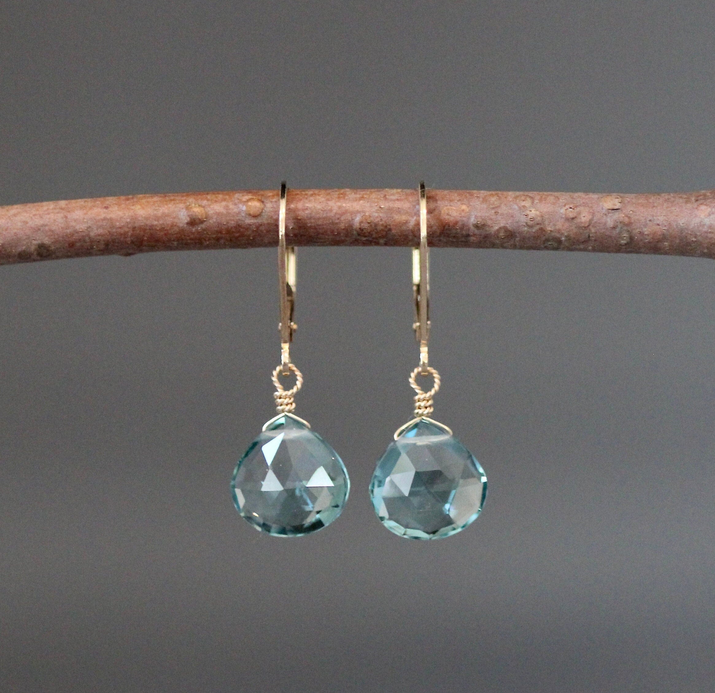 Teal Blue Quartz Teardrop Dangle Earrings on Gold Filled Leverbacks