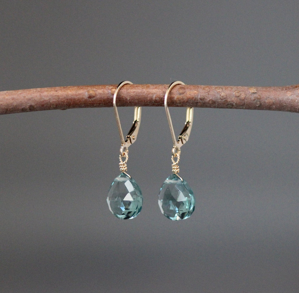 Teal Blue Quartz Teardrop Dangle Earrings on Gold Filled Leverbacks