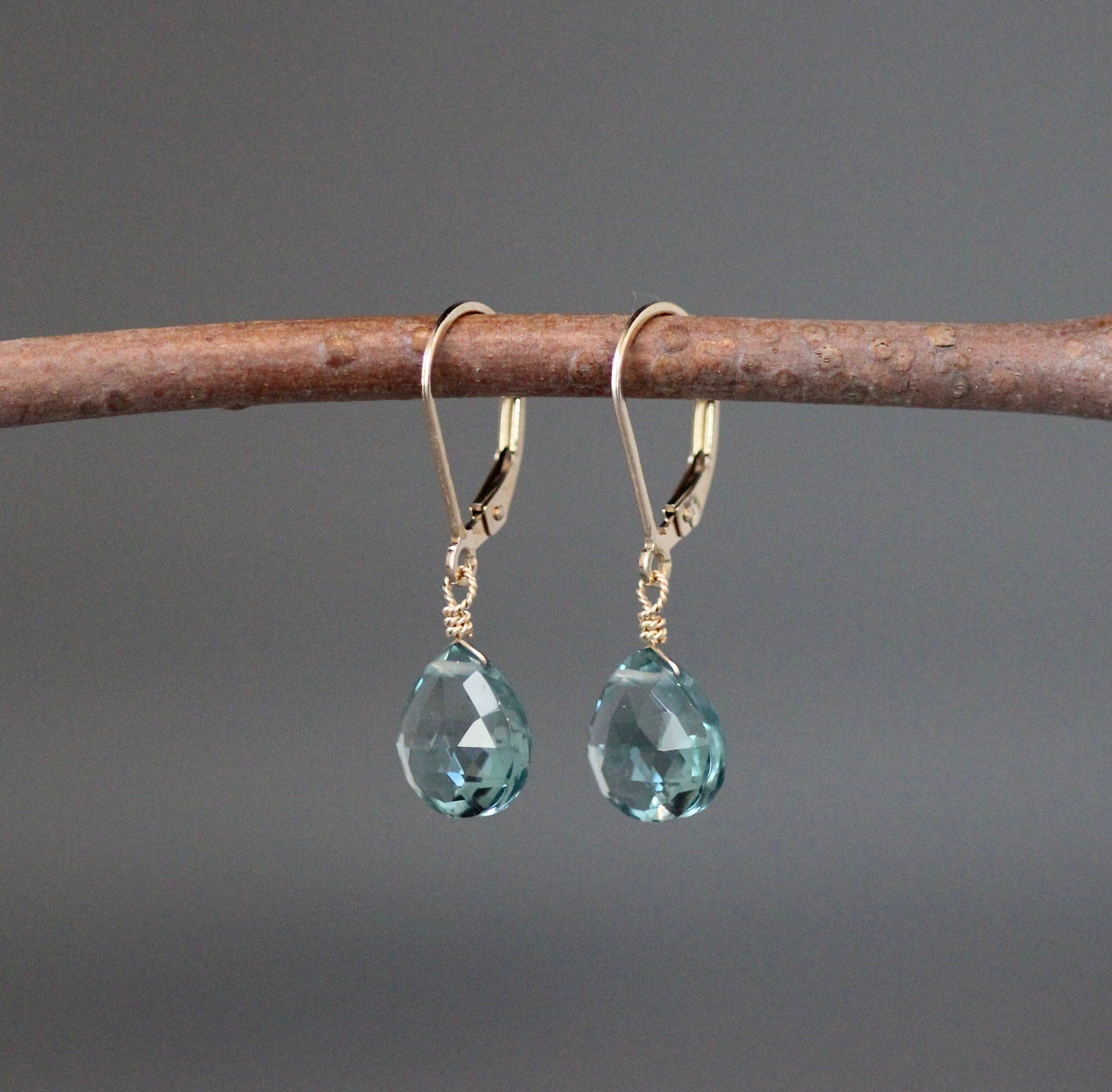 Teal Blue Quartz Teardrop Dangle Earrings on Gold Filled Leverbacks
