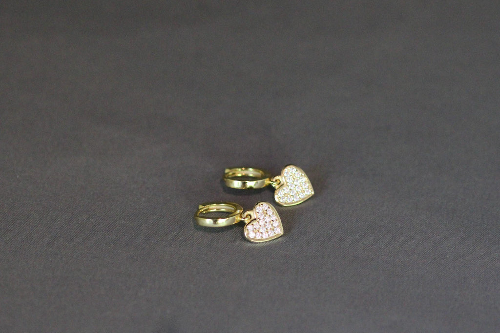 Cubic Zirconia Pave Heart Charm Earrings on Gold Vermeil Huggie Hoops