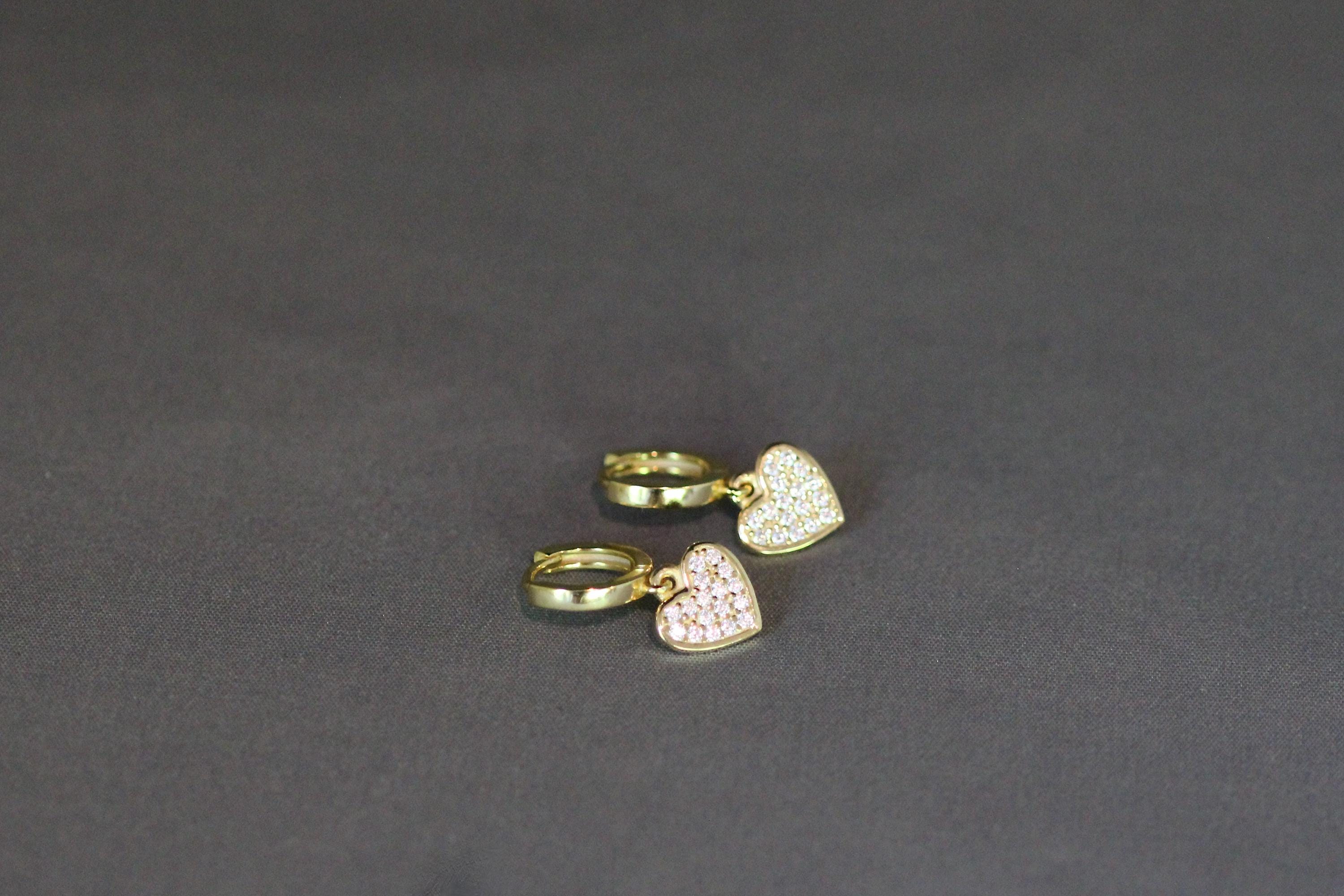 Cubic Zirconia Pave Heart Charm Earrings on Gold Vermeil Huggie Hoops