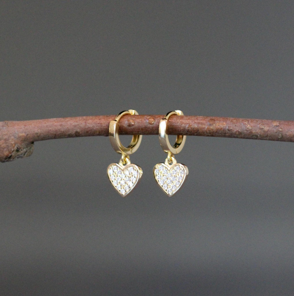 Cubic Zirconia Pave Heart Charm Earrings on Gold Vermeil Huggie Hoops