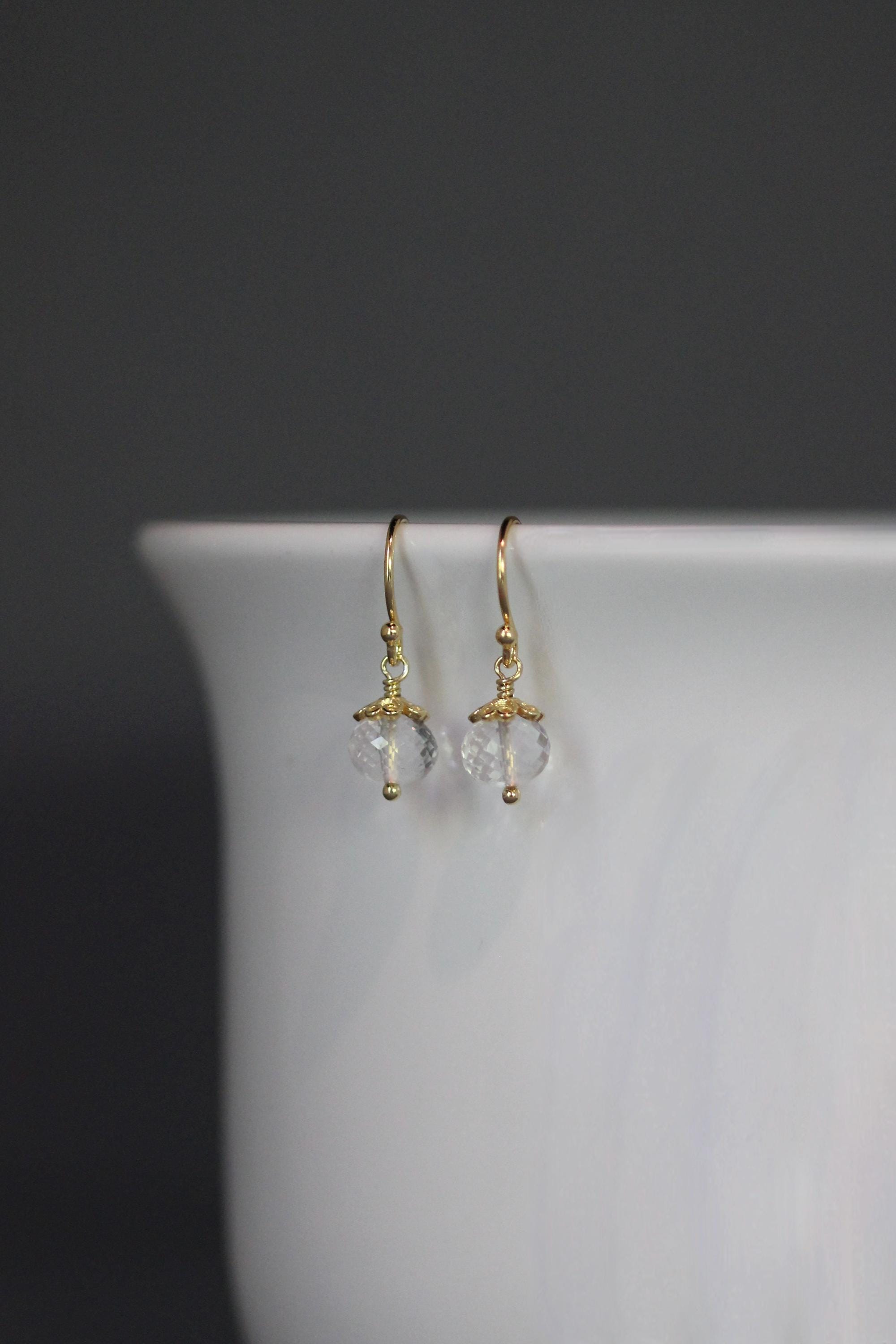 Clear Quartz Crystal Button Earrings with Gold Vermeil Caps