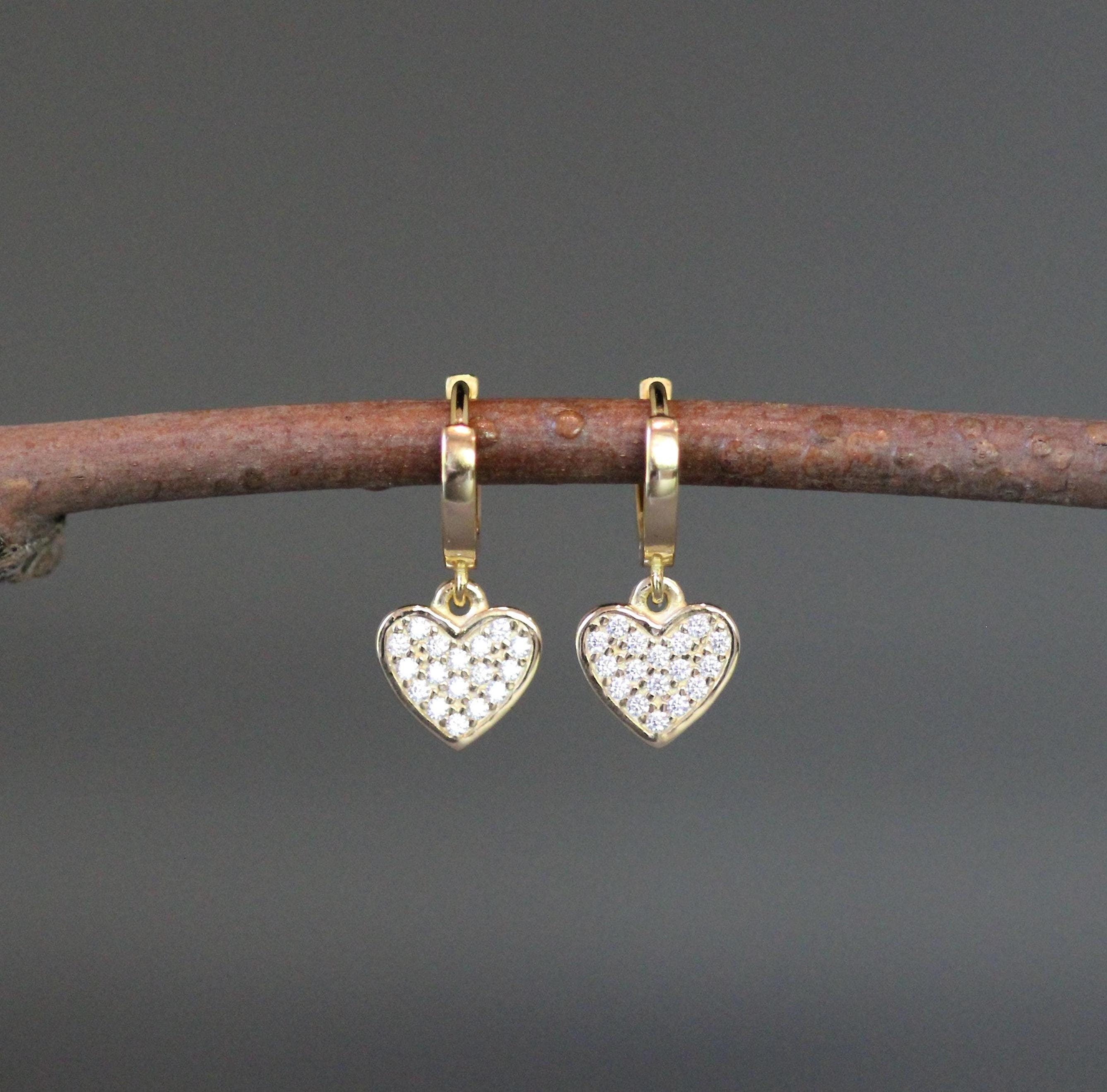 Cubic Zirconia Pave Heart Charm Earrings on Gold Vermeil Huggie Hoops