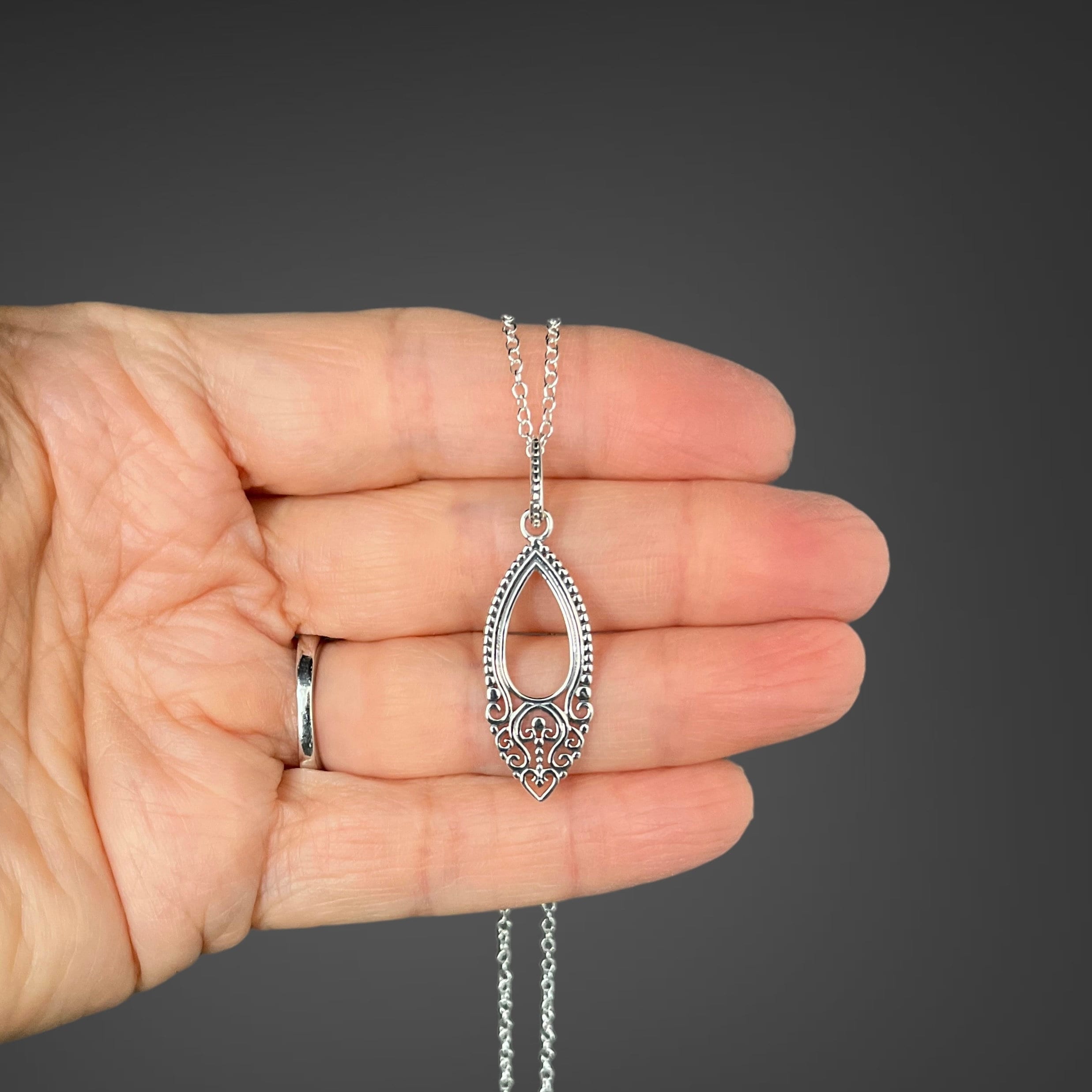 Bali Silver Filigree Teardrop Charm Pendant Necklace