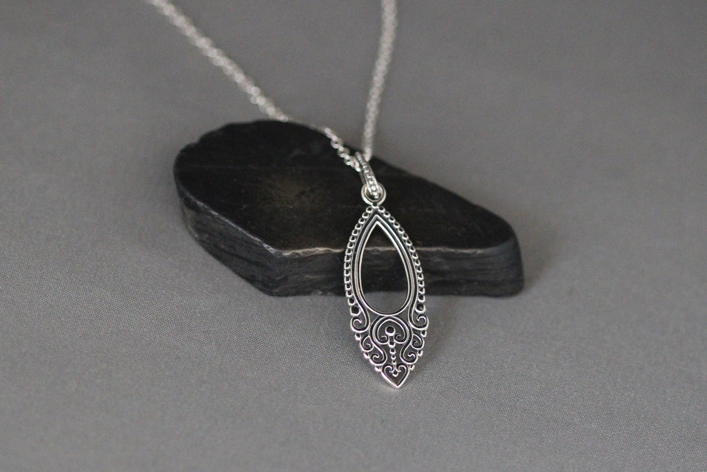 Bali Silver Filigree Teardrop Charm Pendant Necklace