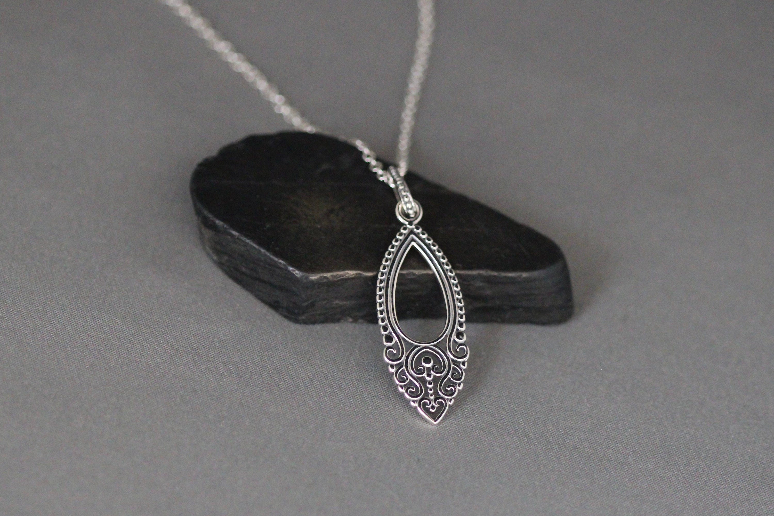 Bali Silver Filigree Teardrop Charm Pendant Necklace