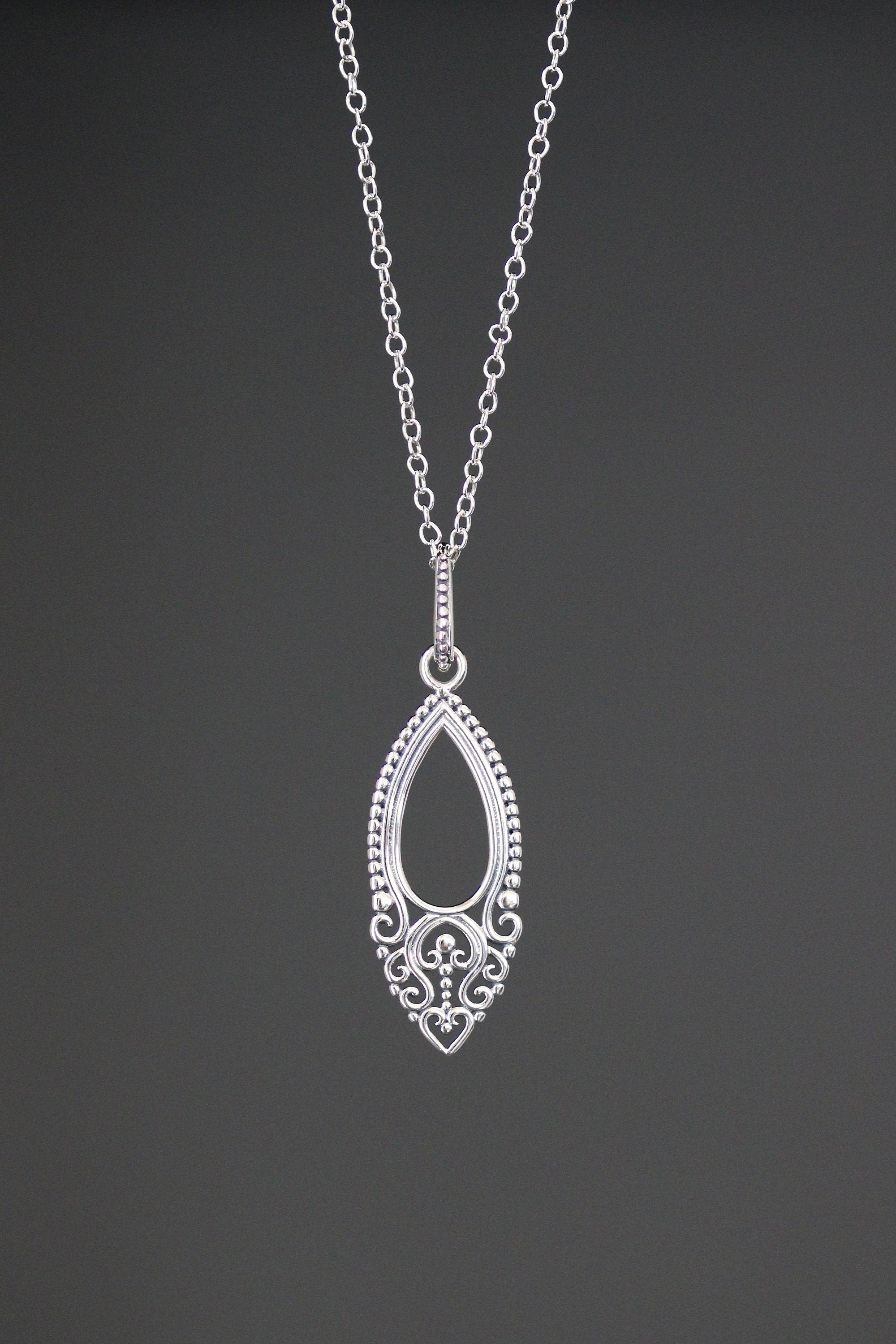 Bali Silver Filigree Teardrop Charm Pendant Necklace