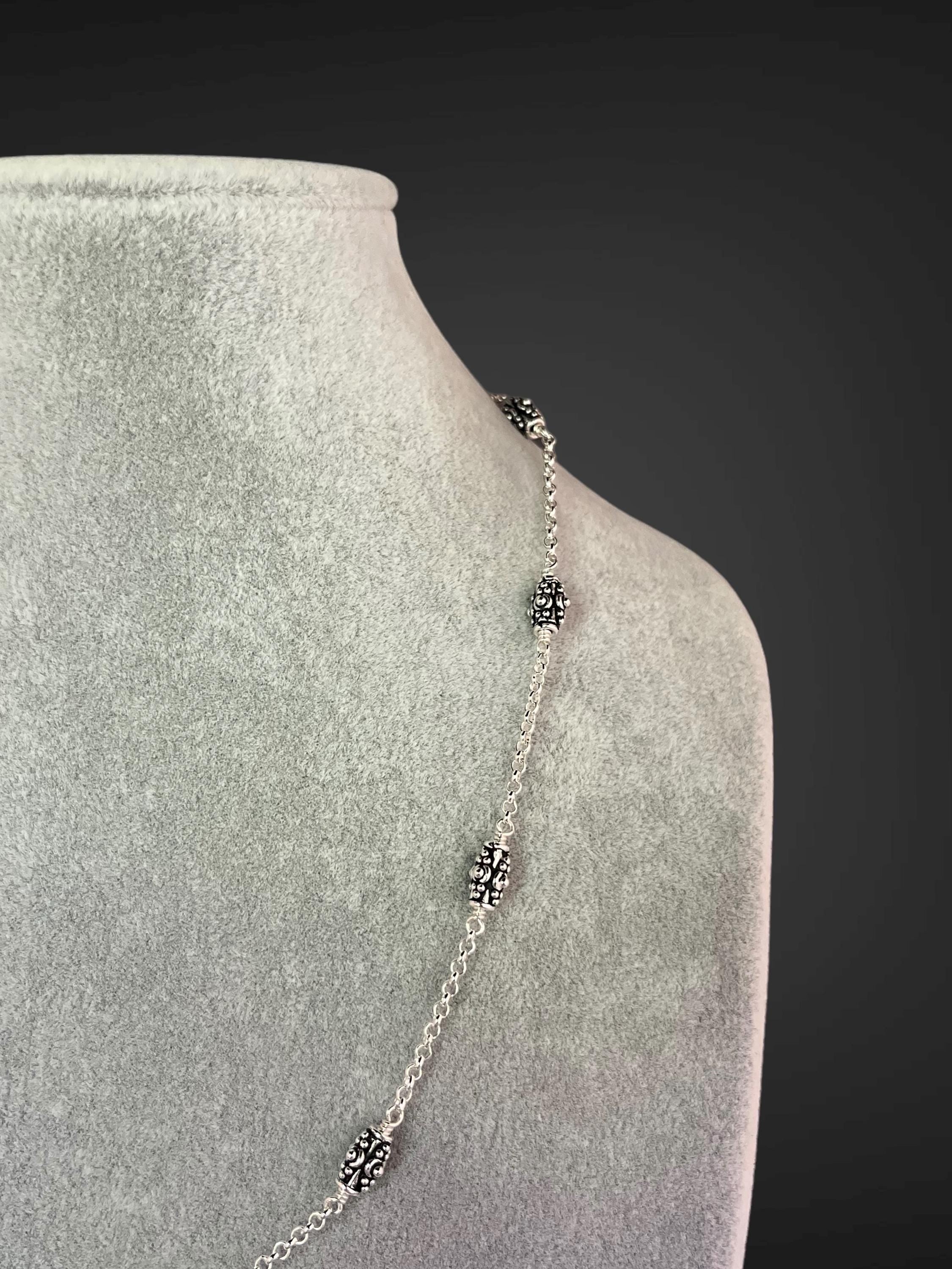 Bali Sterling Silver Bead Station Necklace on Round Link Chain