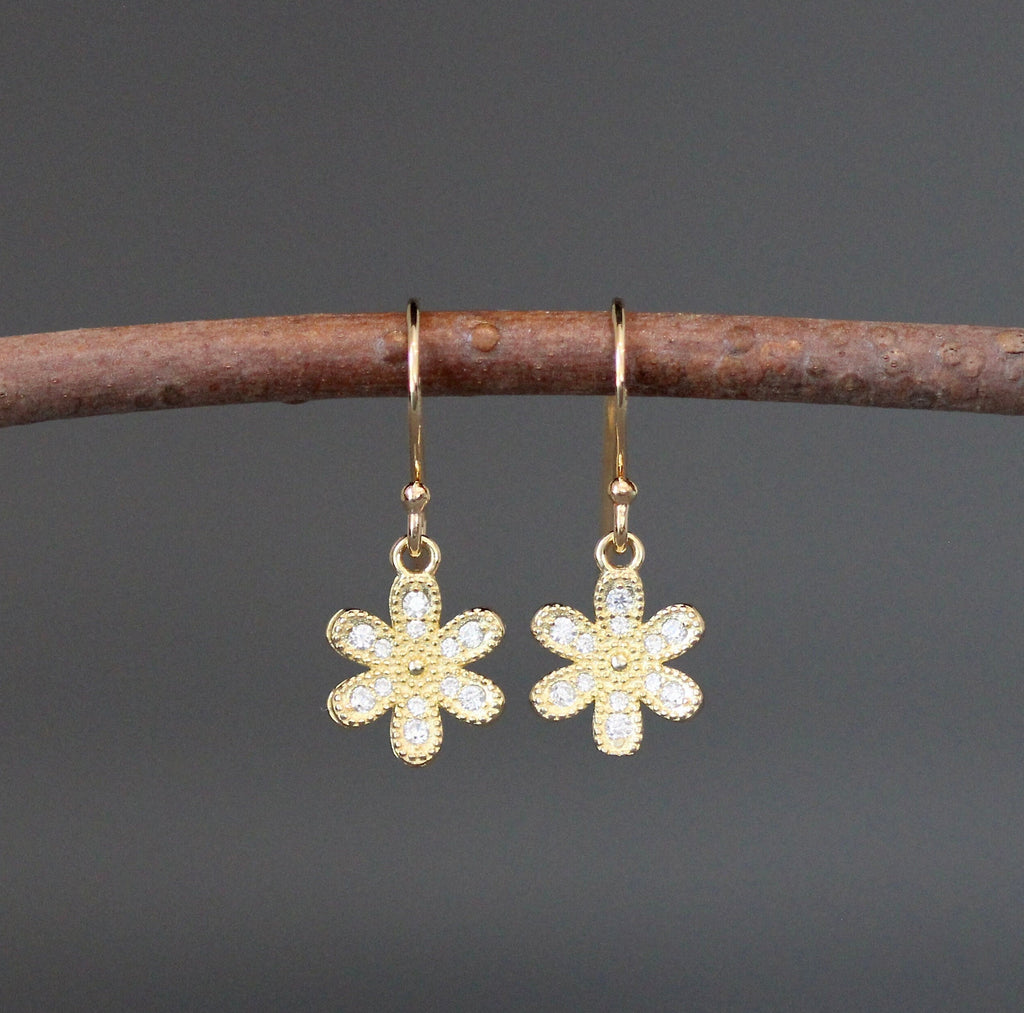 Cubic Zirconia Gold Vermeil Flower Charm Dangle Earrings