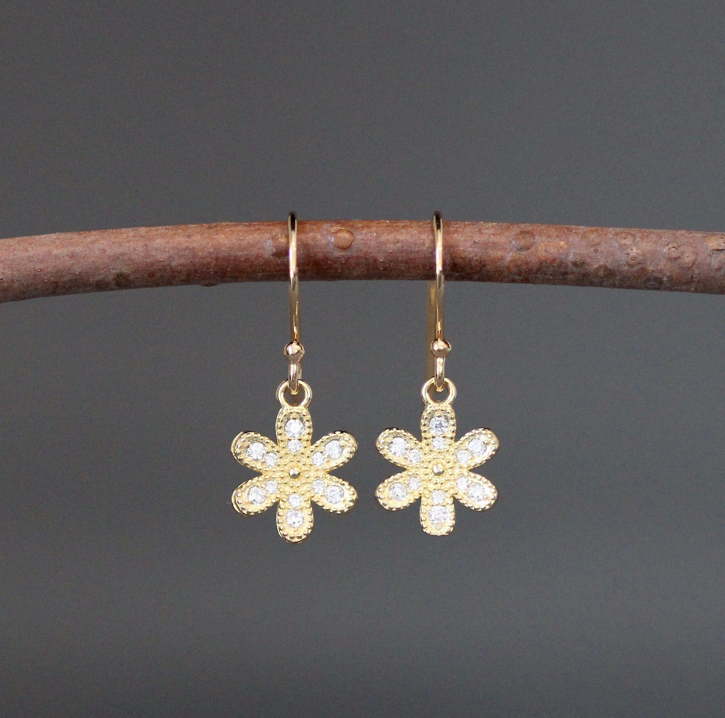 Cubic Zirconia Gold Vermeil Flower Charm Dangle Earrings