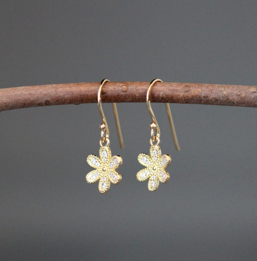 Cubic Zirconia Gold Vermeil Flower Charm Dangle Earrings