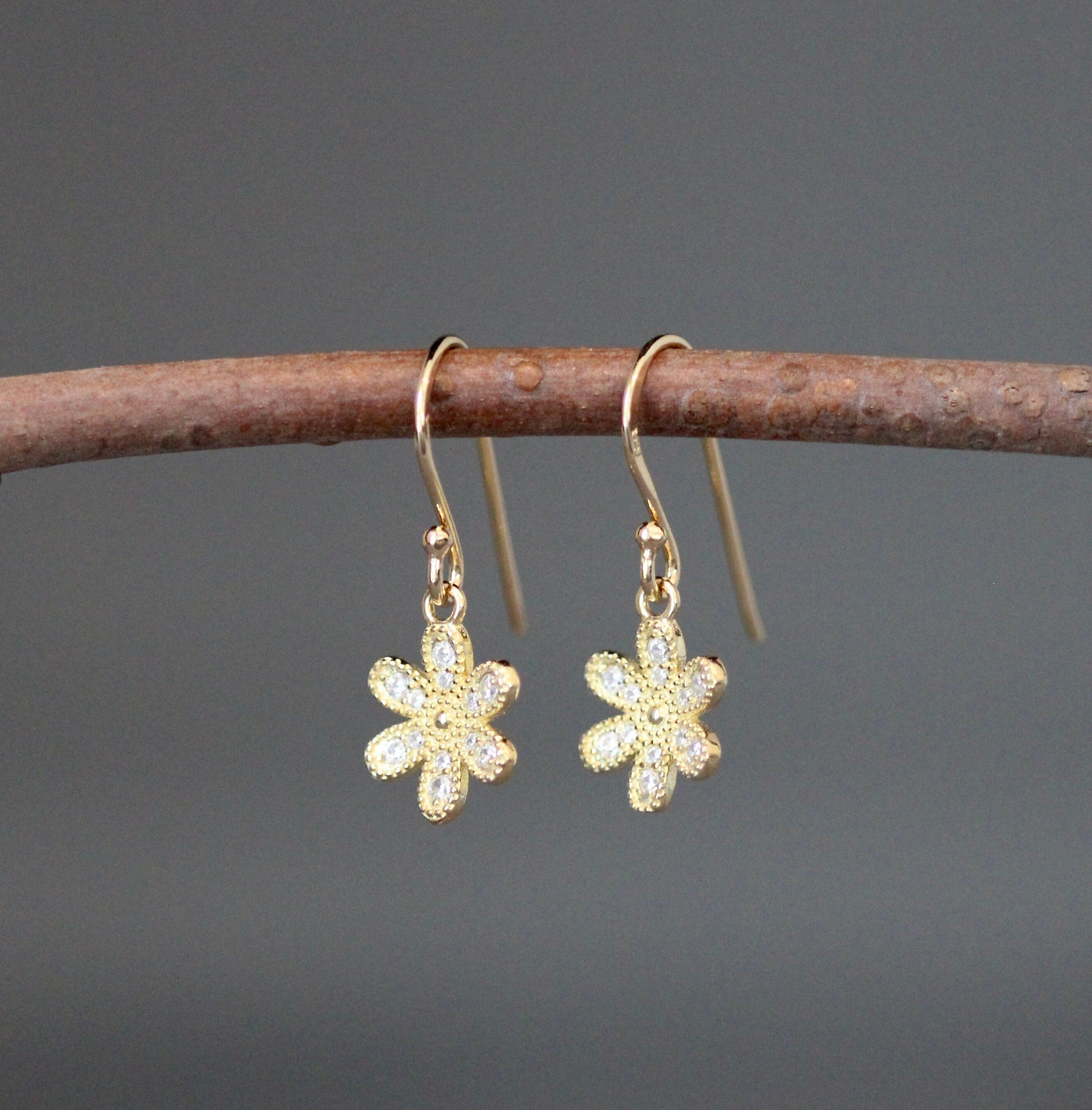 Cubic Zirconia Gold Vermeil Flower Charm Dangle Earrings