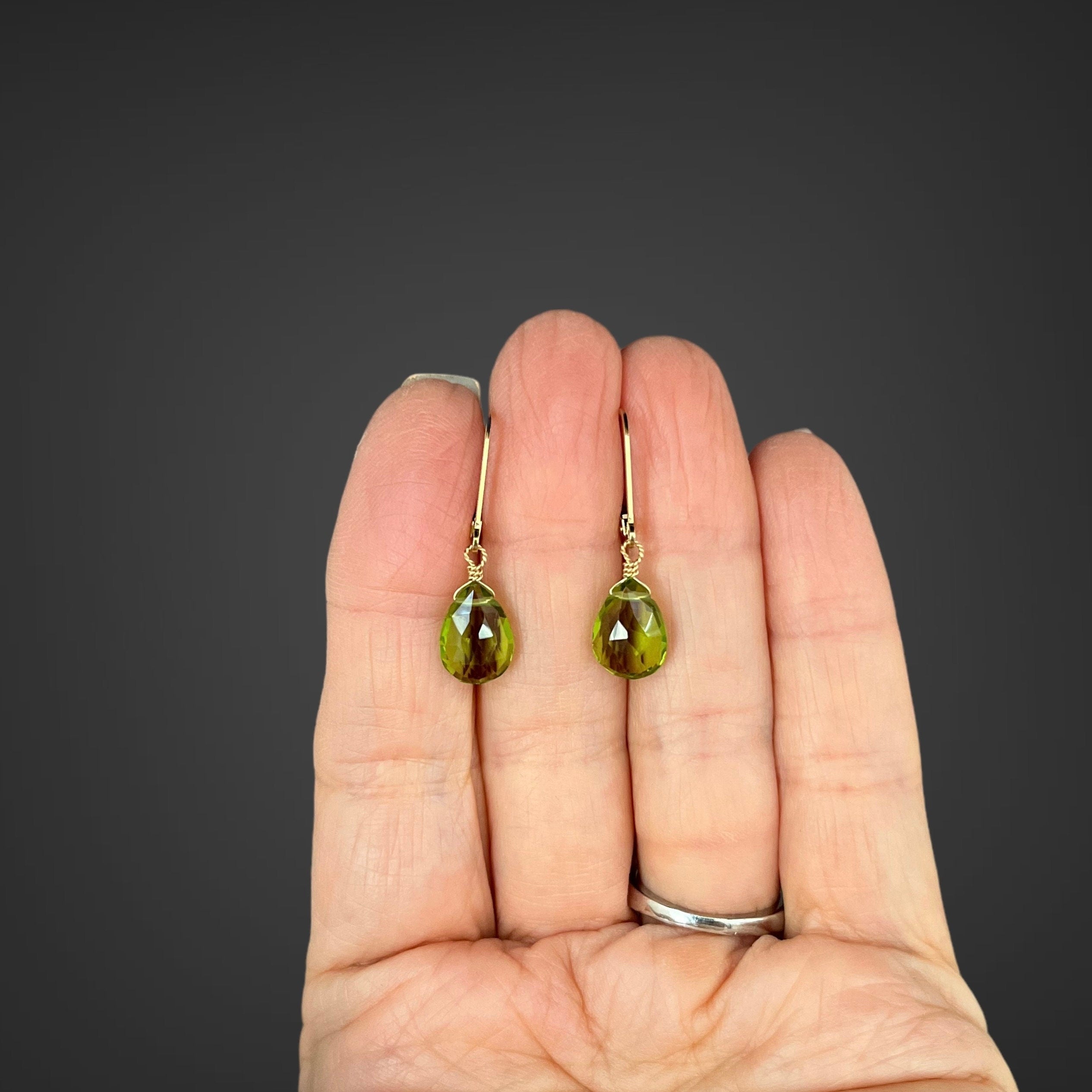 Peridot Quartz Teardrop Dangle Earrings on Gold Filled Leverback Earwires