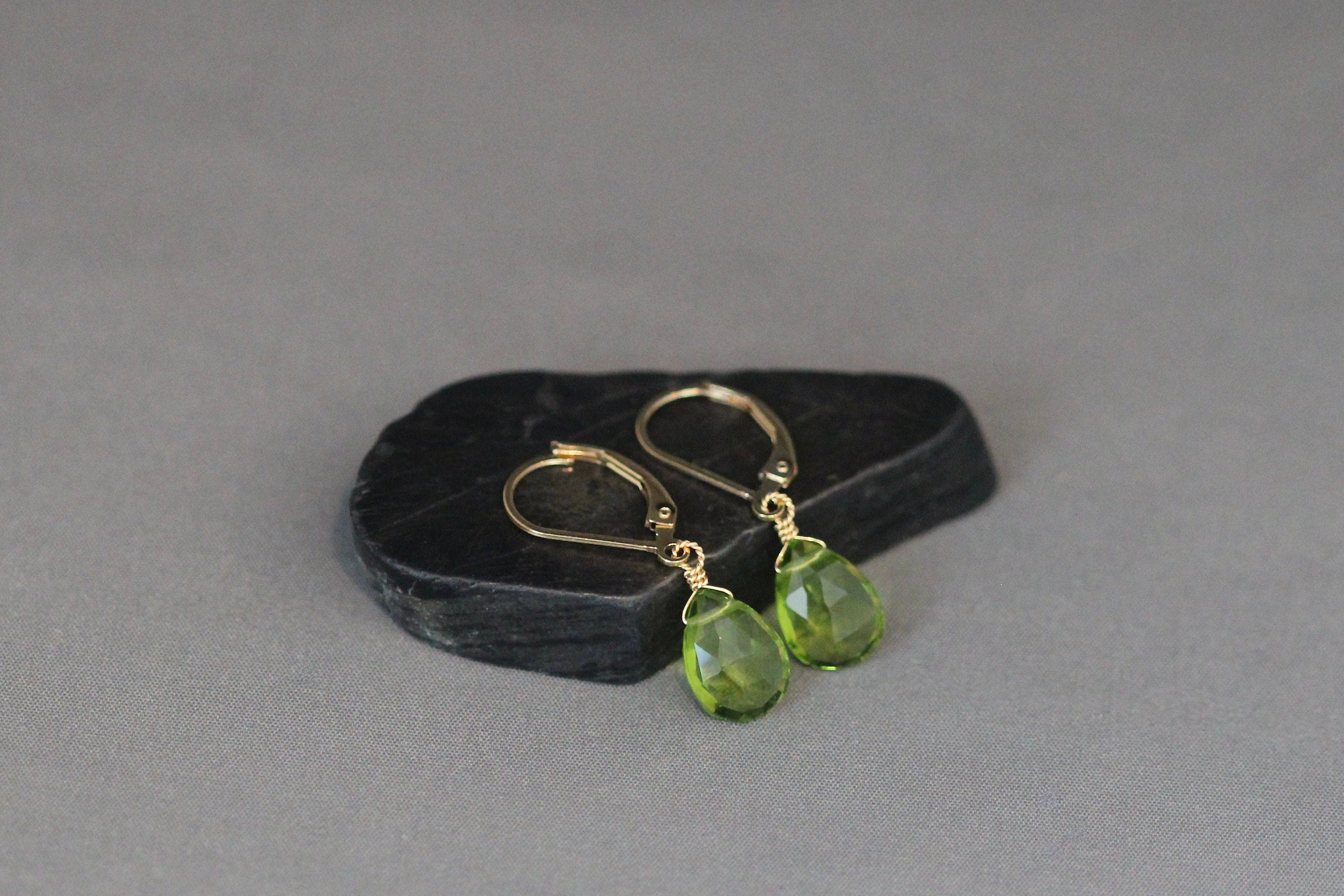 Peridot Quartz Teardrop Dangle Earrings on Gold Filled Leverback Earwires