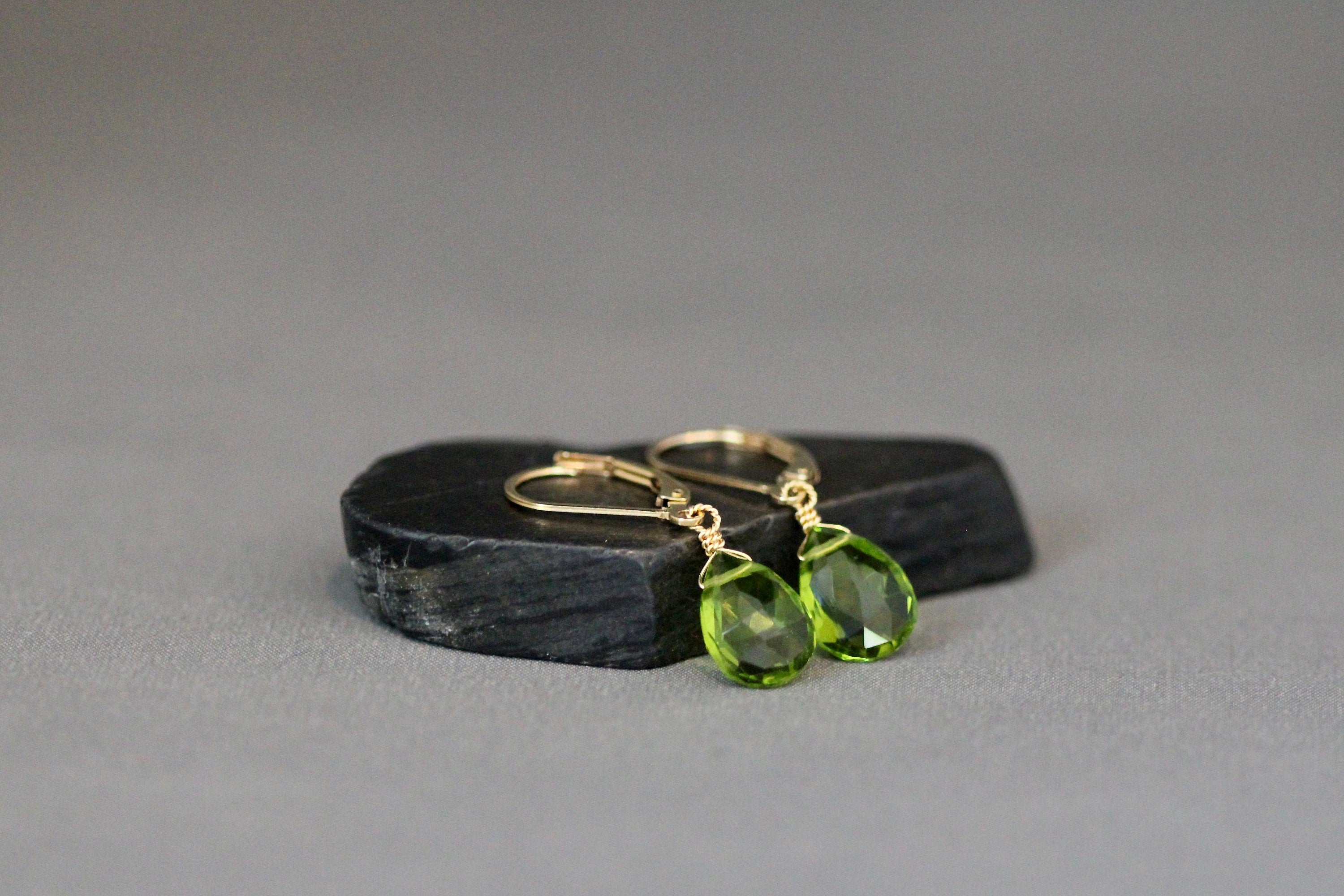 Peridot Quartz Teardrop Dangle Earrings on Gold Filled Leverback Earwires