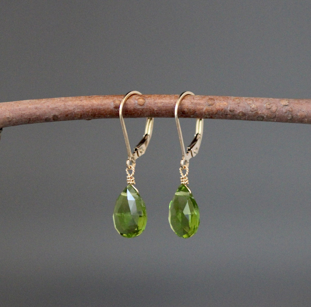 Peridot Quartz Teardrop Dangle Earrings on Gold Filled Leverback Earwires