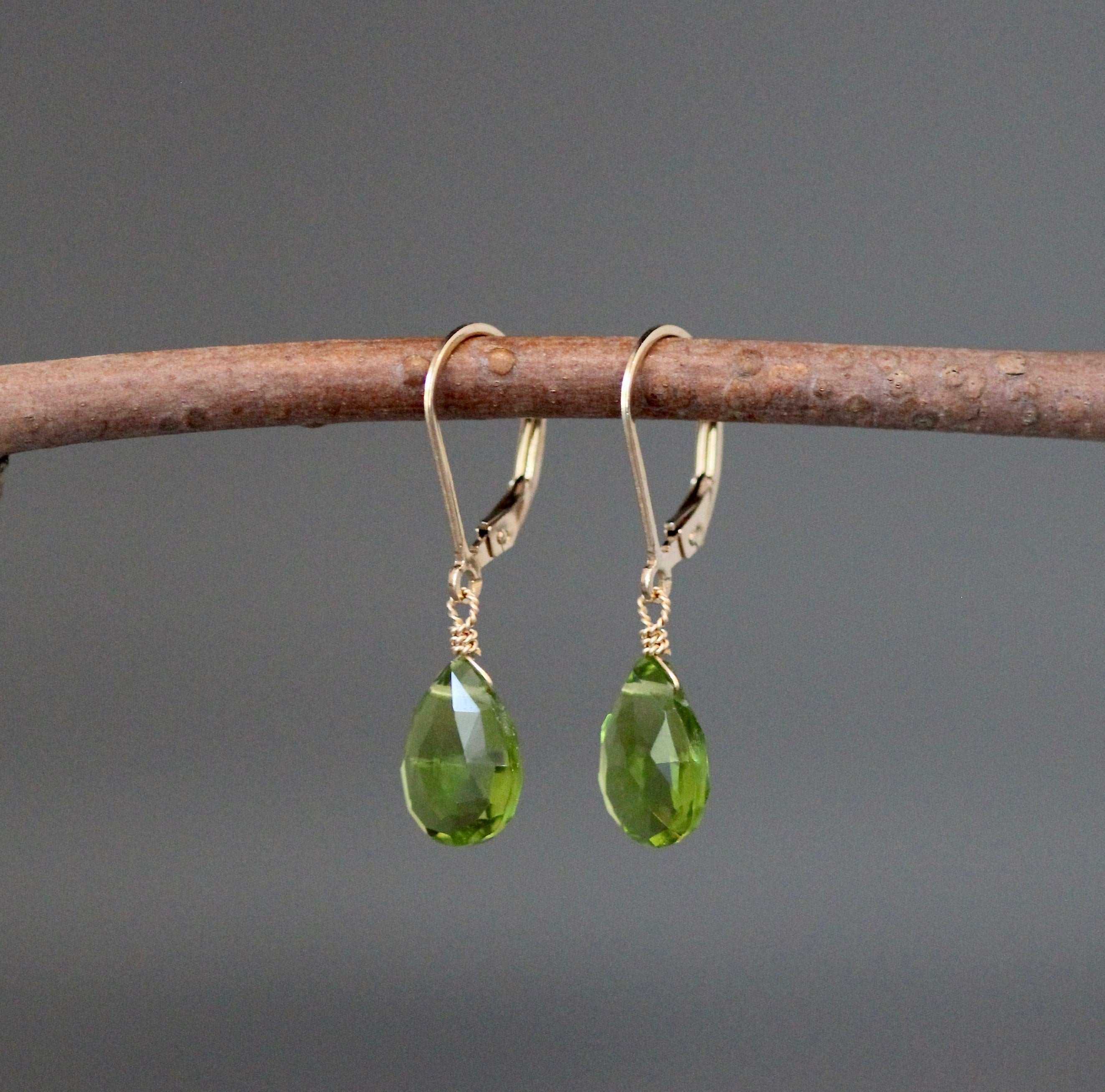 Peridot Quartz Teardrop Dangle Earrings on Gold Filled Leverback Earwires