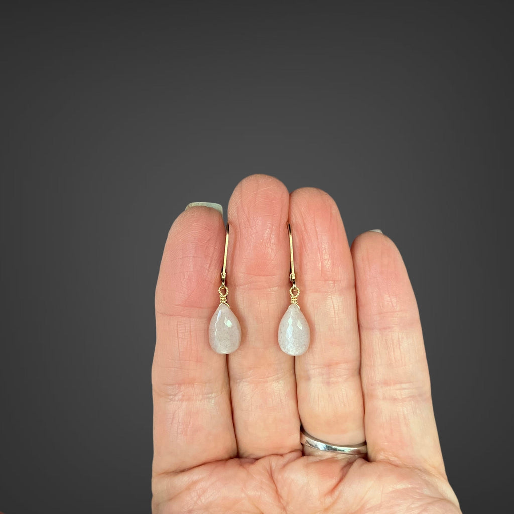 Pink Moonstone Teardrop Dangle Earrings in Gold Filled
