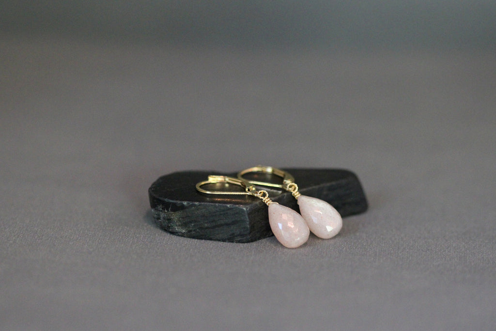 Pink Moonstone Teardrop Dangle Earrings in Gold Filled