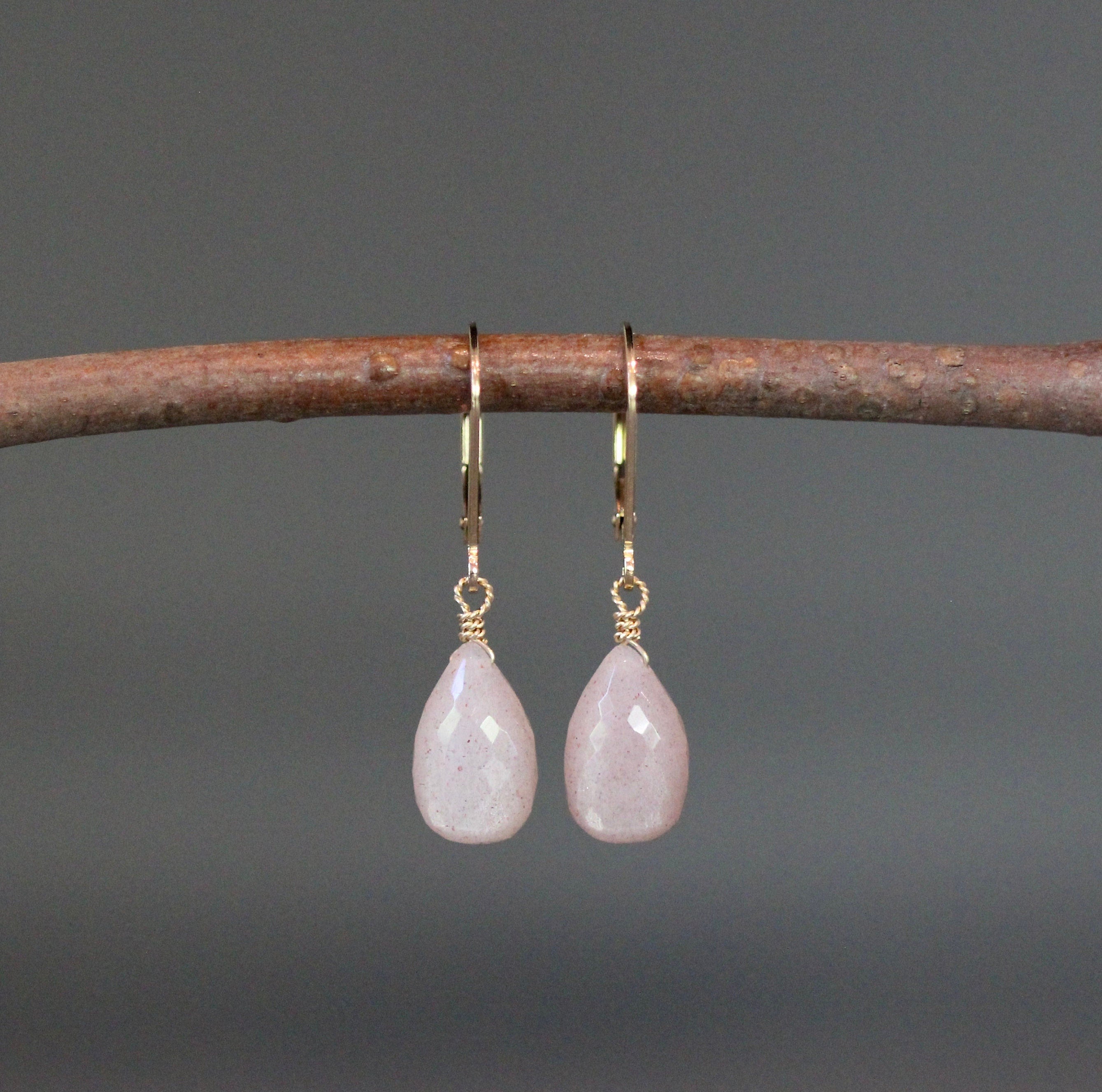 Pink Moonstone Teardrop Dangle Earrings in Gold Filled