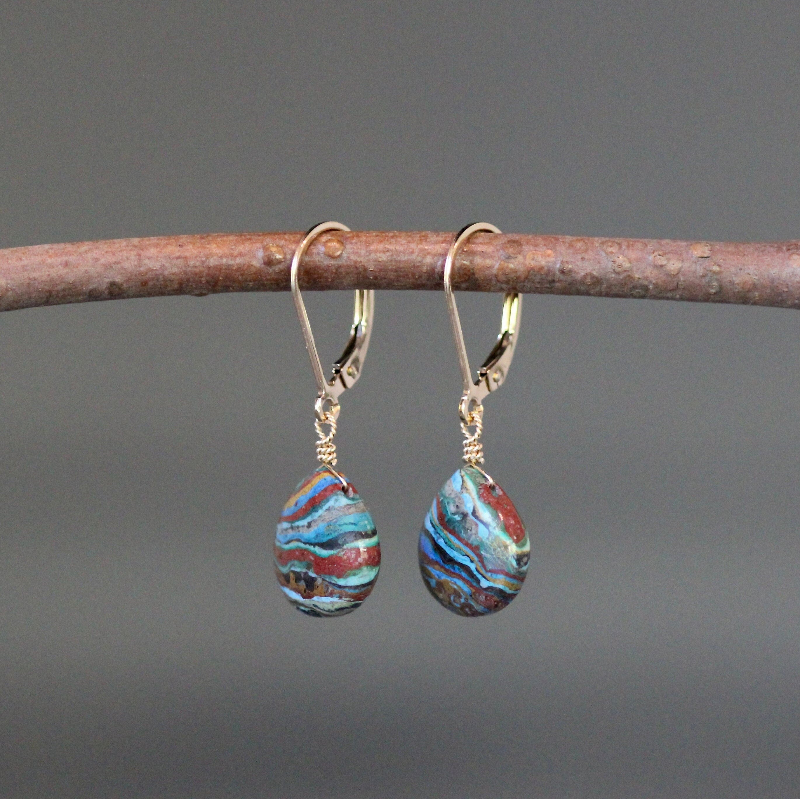 Rainbow Calsilica Teardrop Earrings on Gold Filled Leverback Earwires
