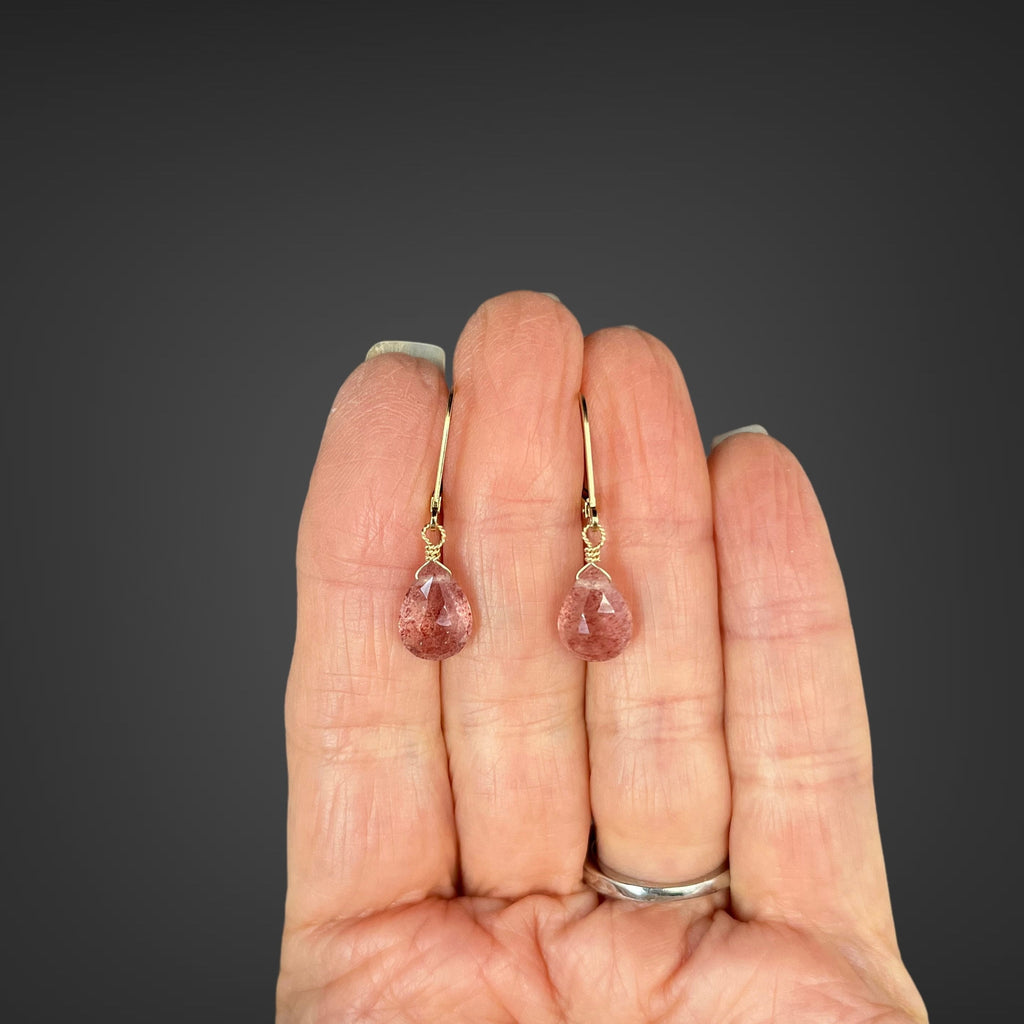 Strawberry Quartz Teardrop Earrings on Gold Filled Leverbacks