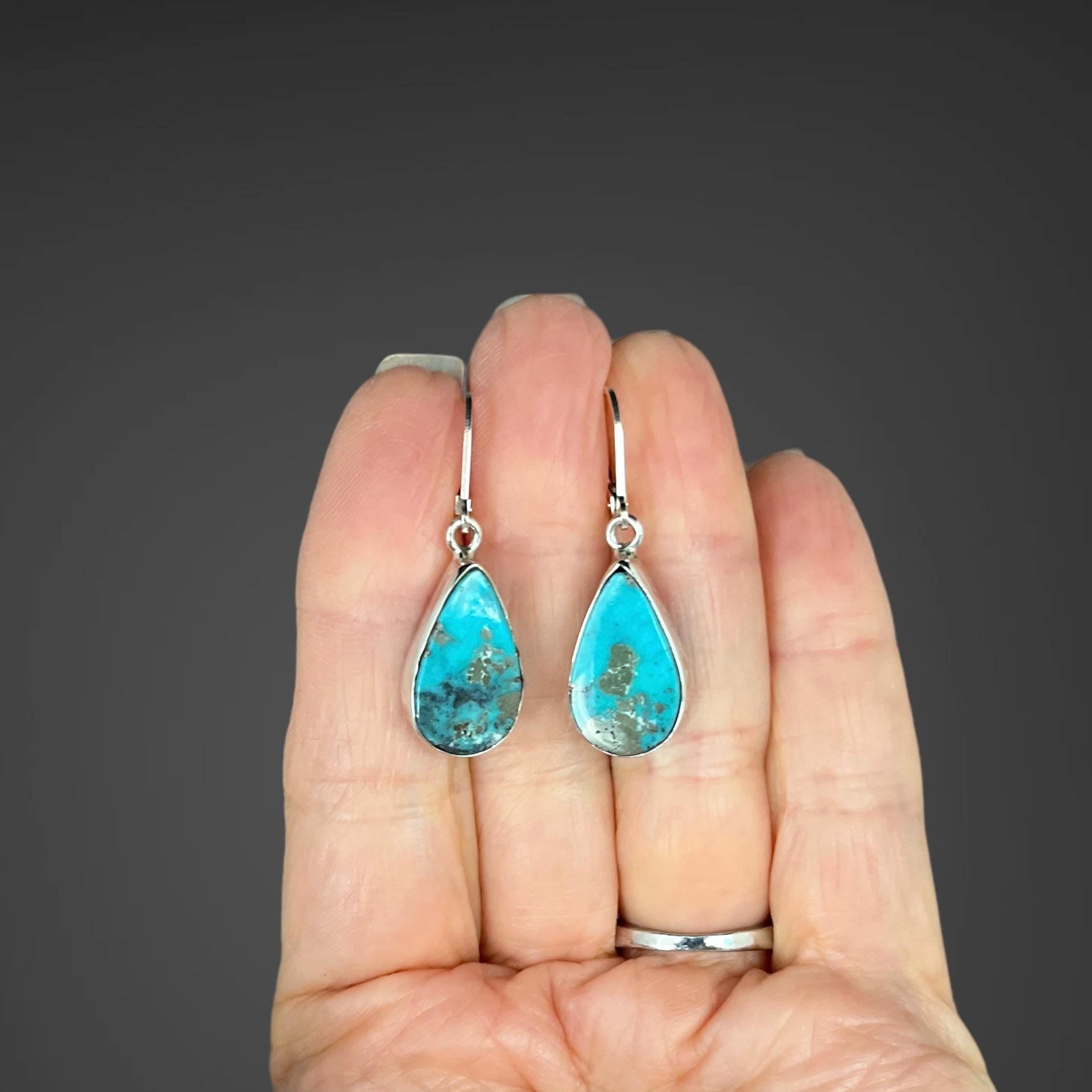 Turquoise Teardrop Bezel Dangle Earrings in Sterling Silver