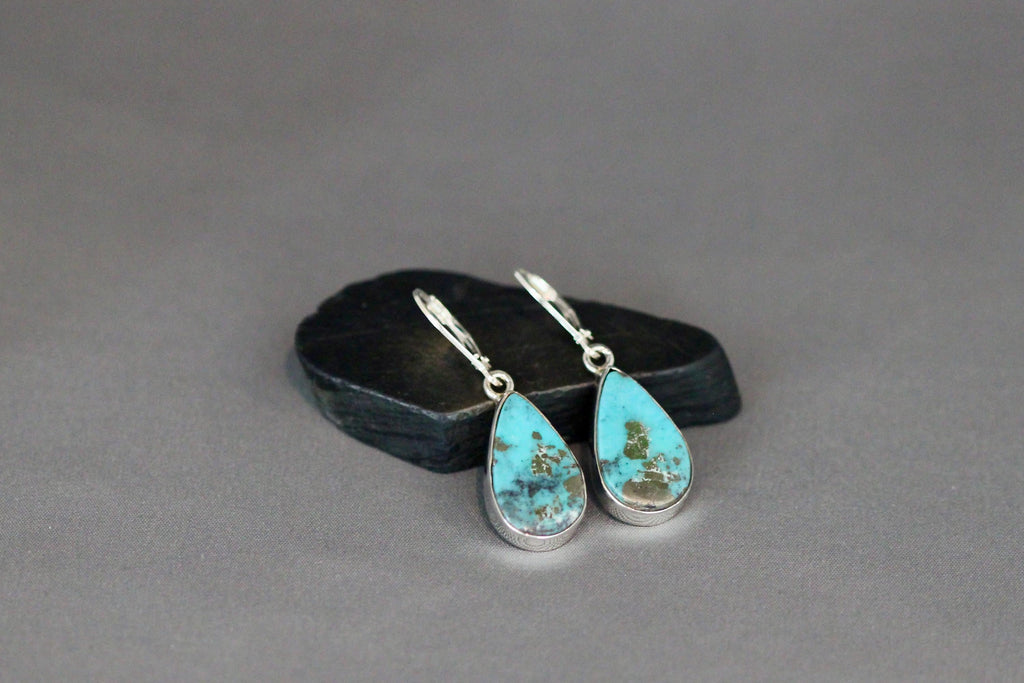Turquoise Teardrop Bezel Dangle Earrings in Sterling Silver