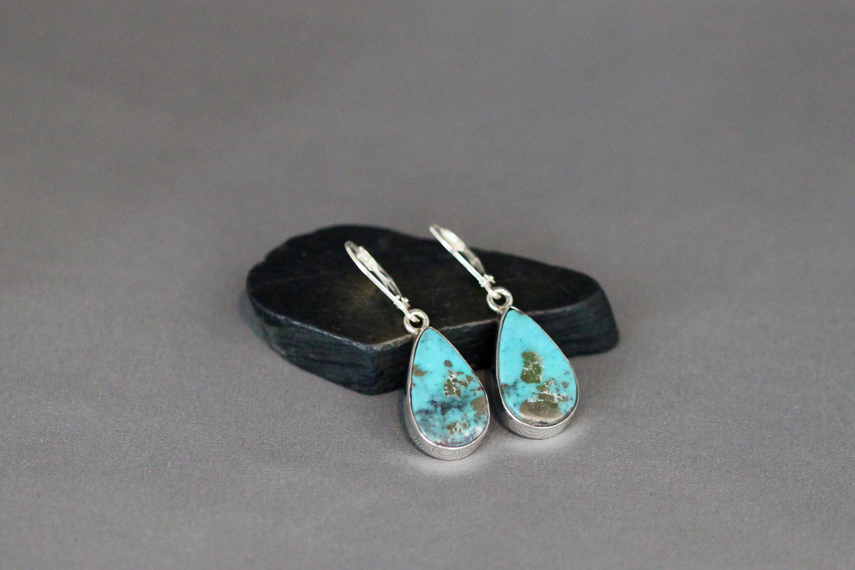 Turquoise Teardrop Bezel Dangle Earrings in Sterling Silver