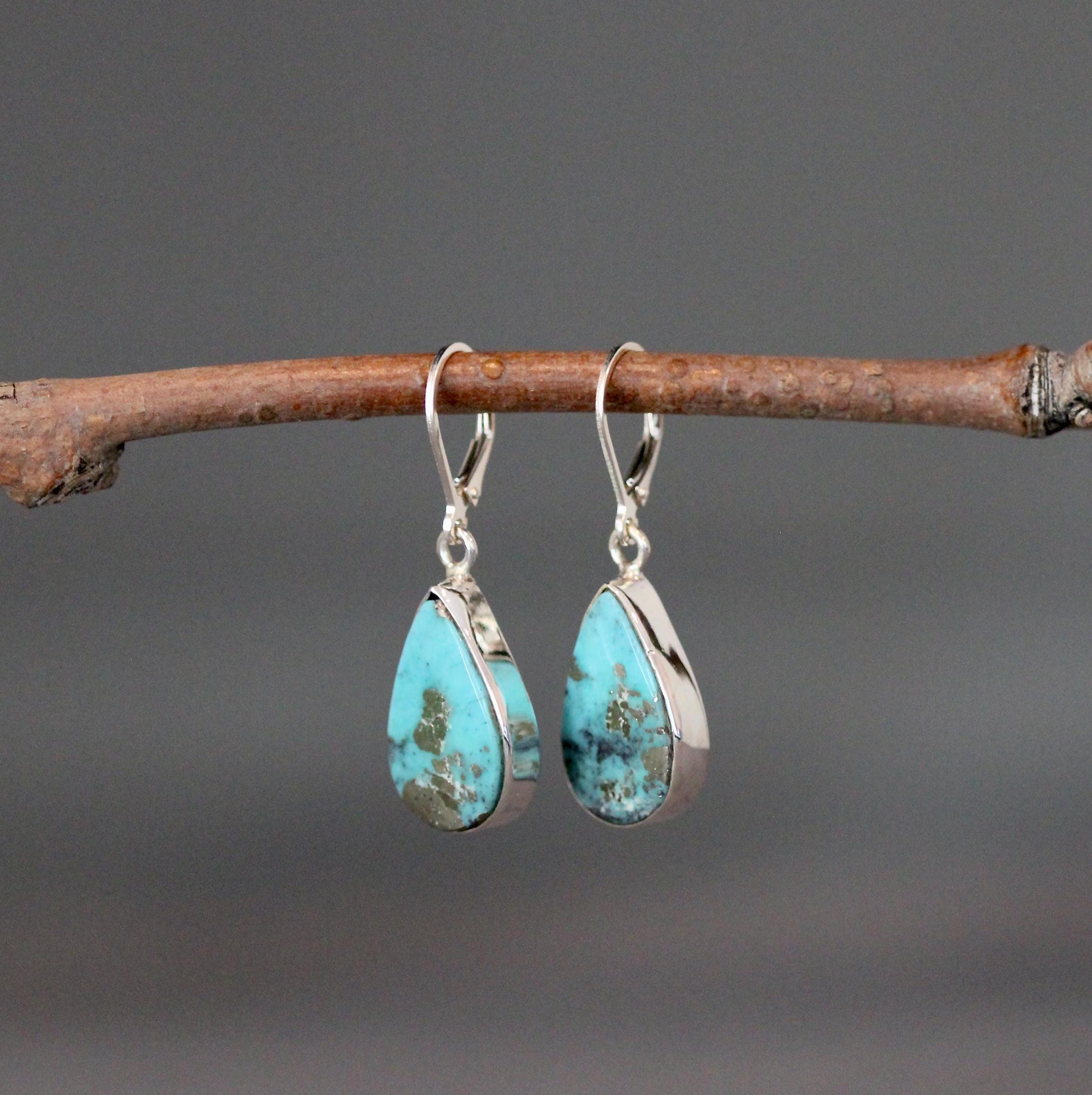 Turquoise Teardrop Bezel Dangle Earrings in Sterling Silver
