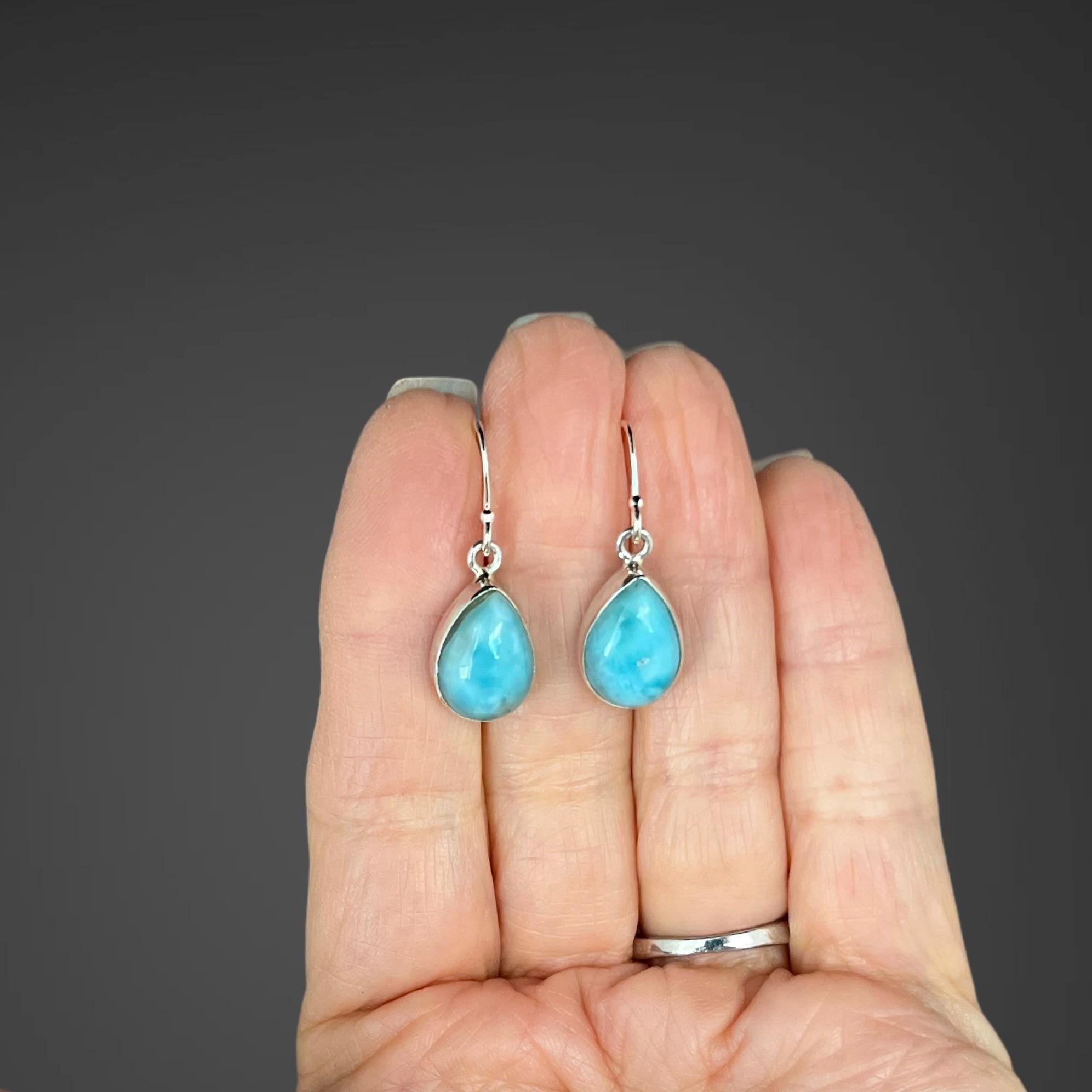 Larimar Teardrop Bezel Dangle Earrings in Sterling Silver
