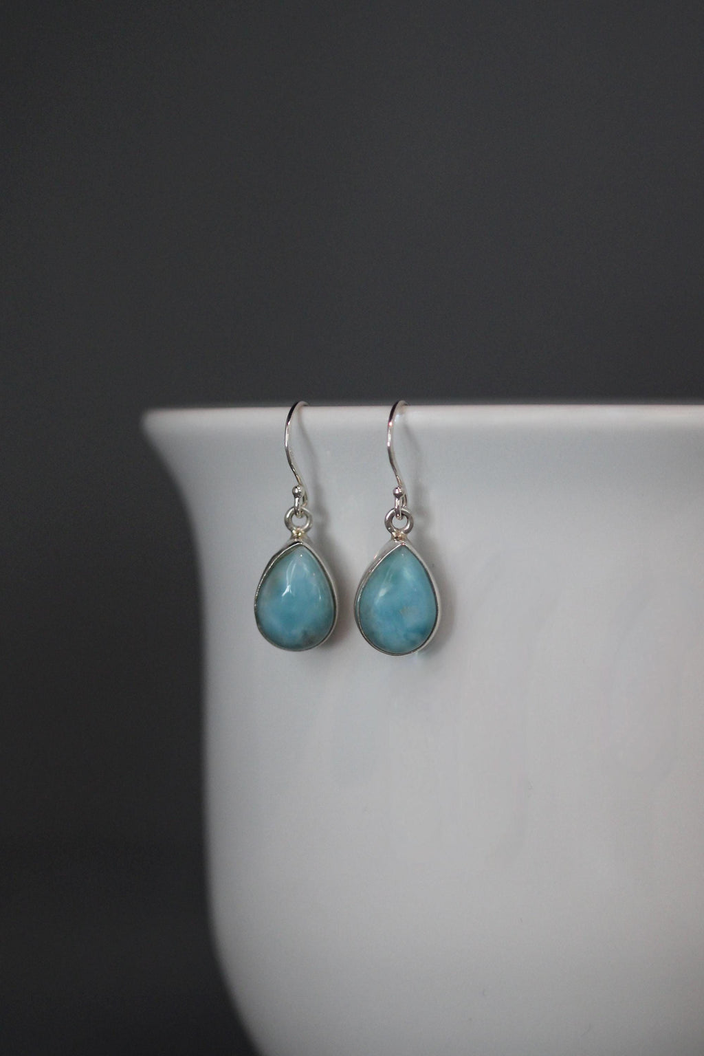 Larimar Teardrop Bezel Dangle Earrings in Sterling Silver