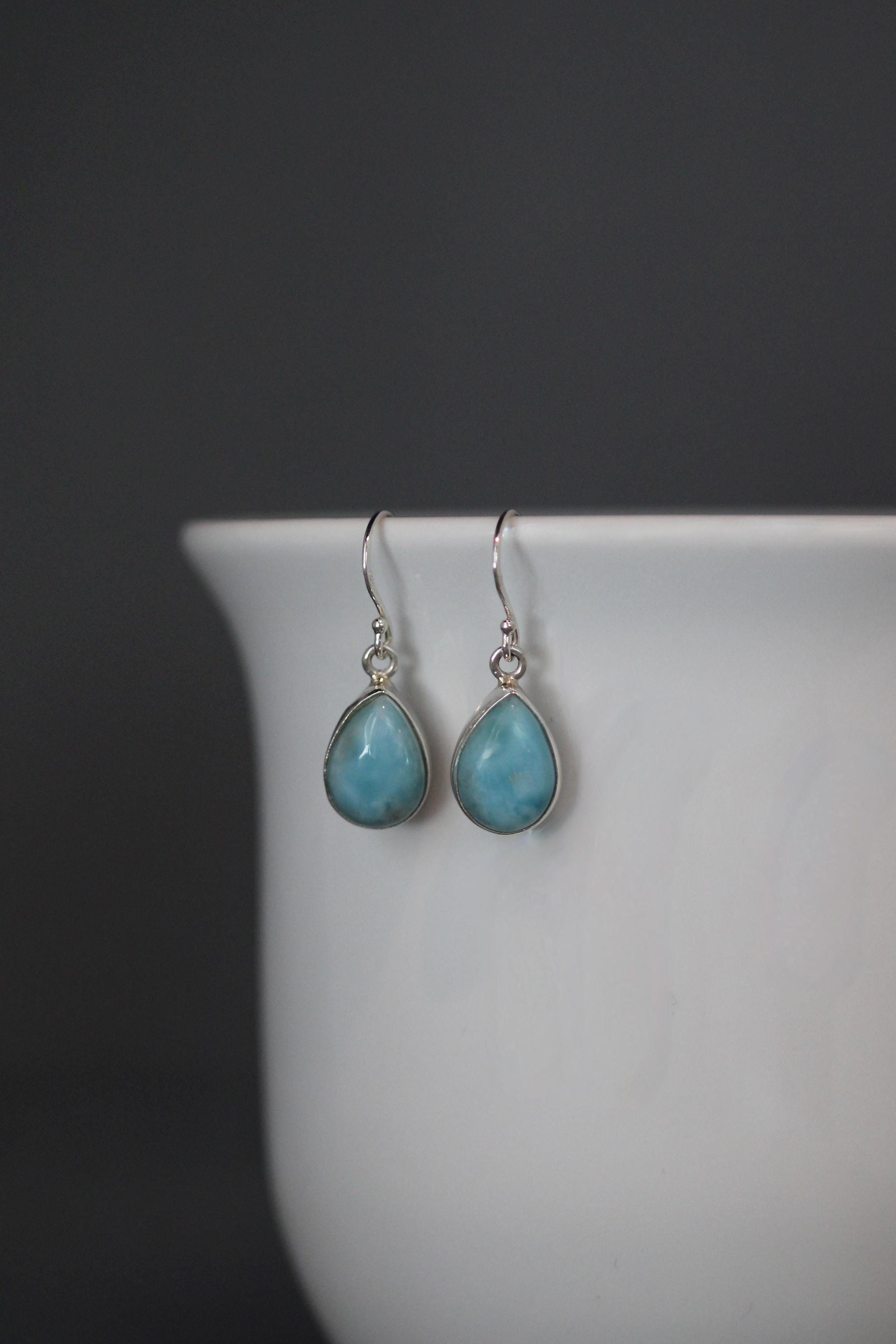 Larimar Teardrop Bezel Dangle Earrings in Sterling Silver