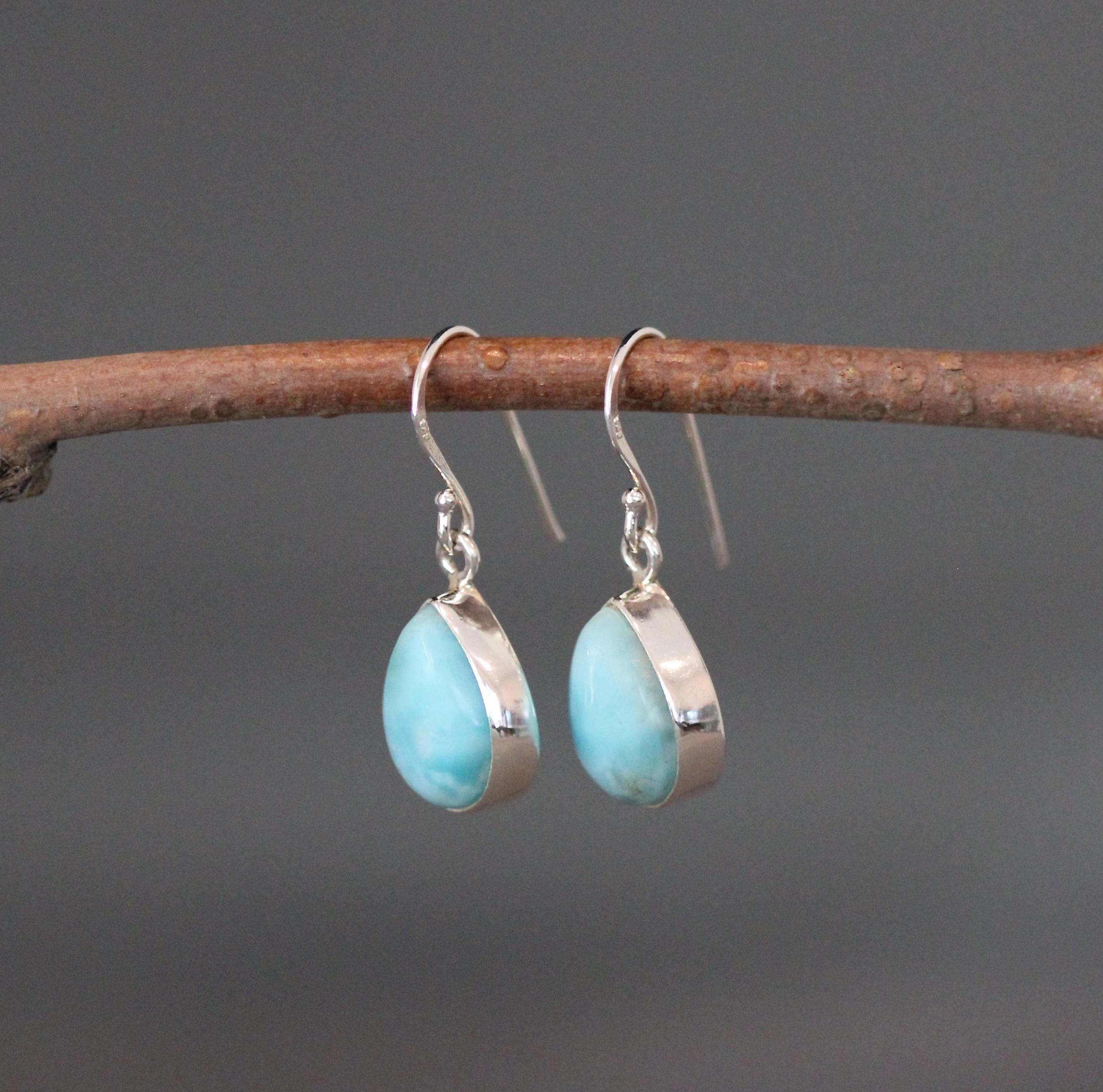 Larimar Teardrop Bezel Dangle Earrings in Sterling Silver