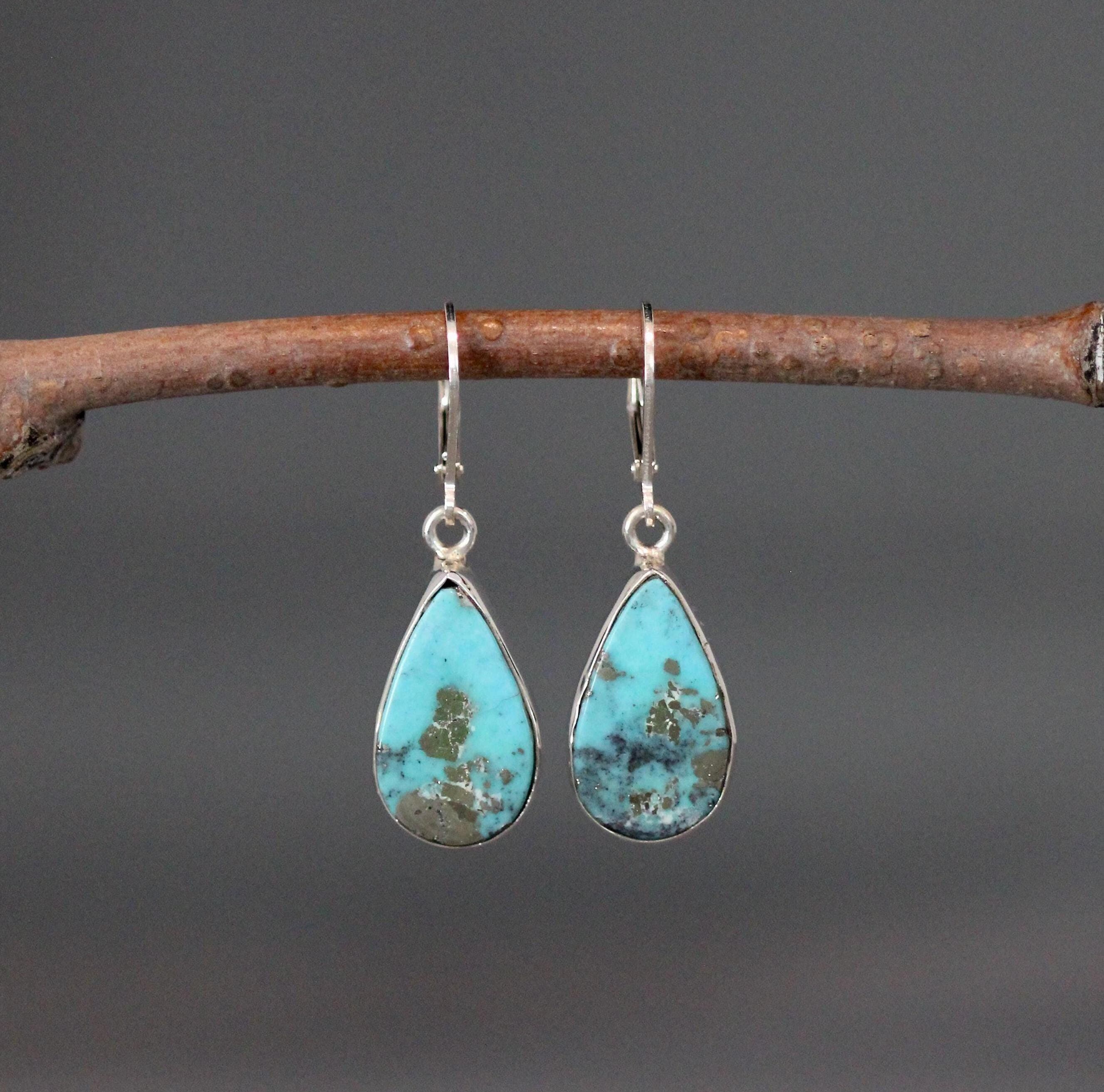 Turquoise Teardrop Bezel Dangle Earrings in Sterling Silver