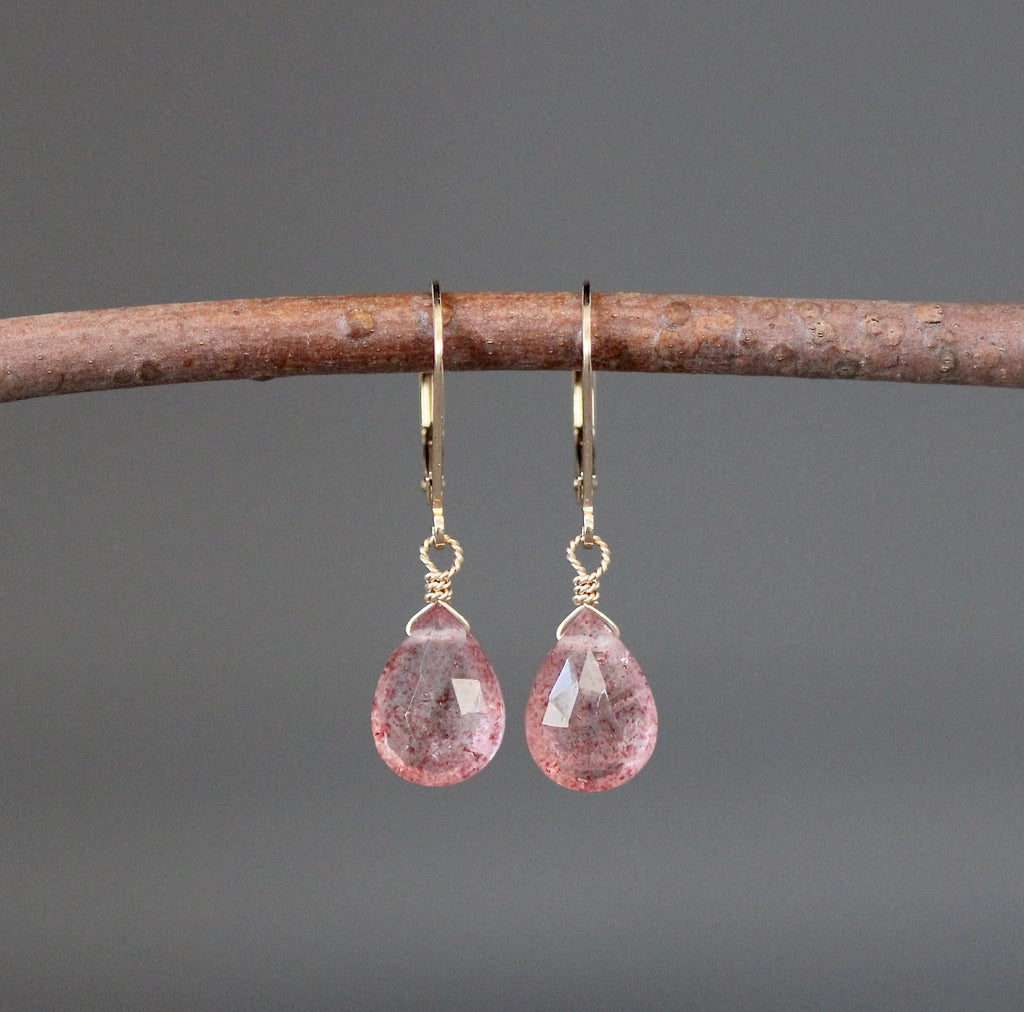 Strawberry Quartz Teardrop Earrings on Gold Filled Leverbacks