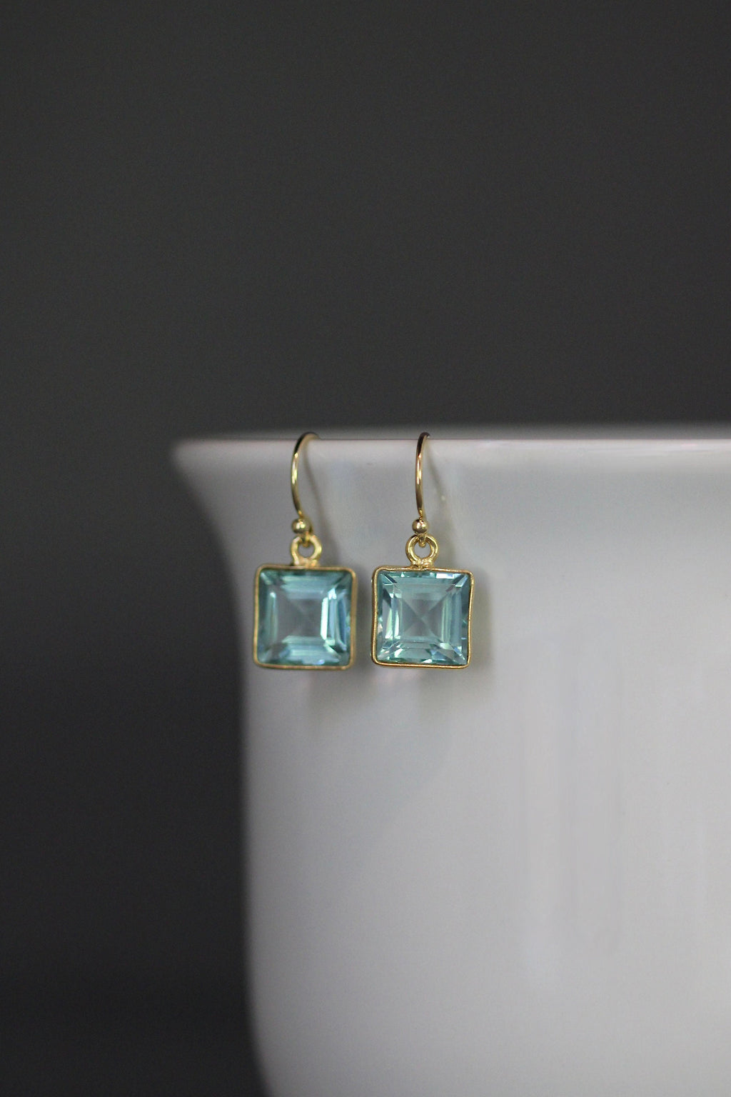 Blue Topaz Quartz Square Earrings in Gold Vermeil Bezel Settings