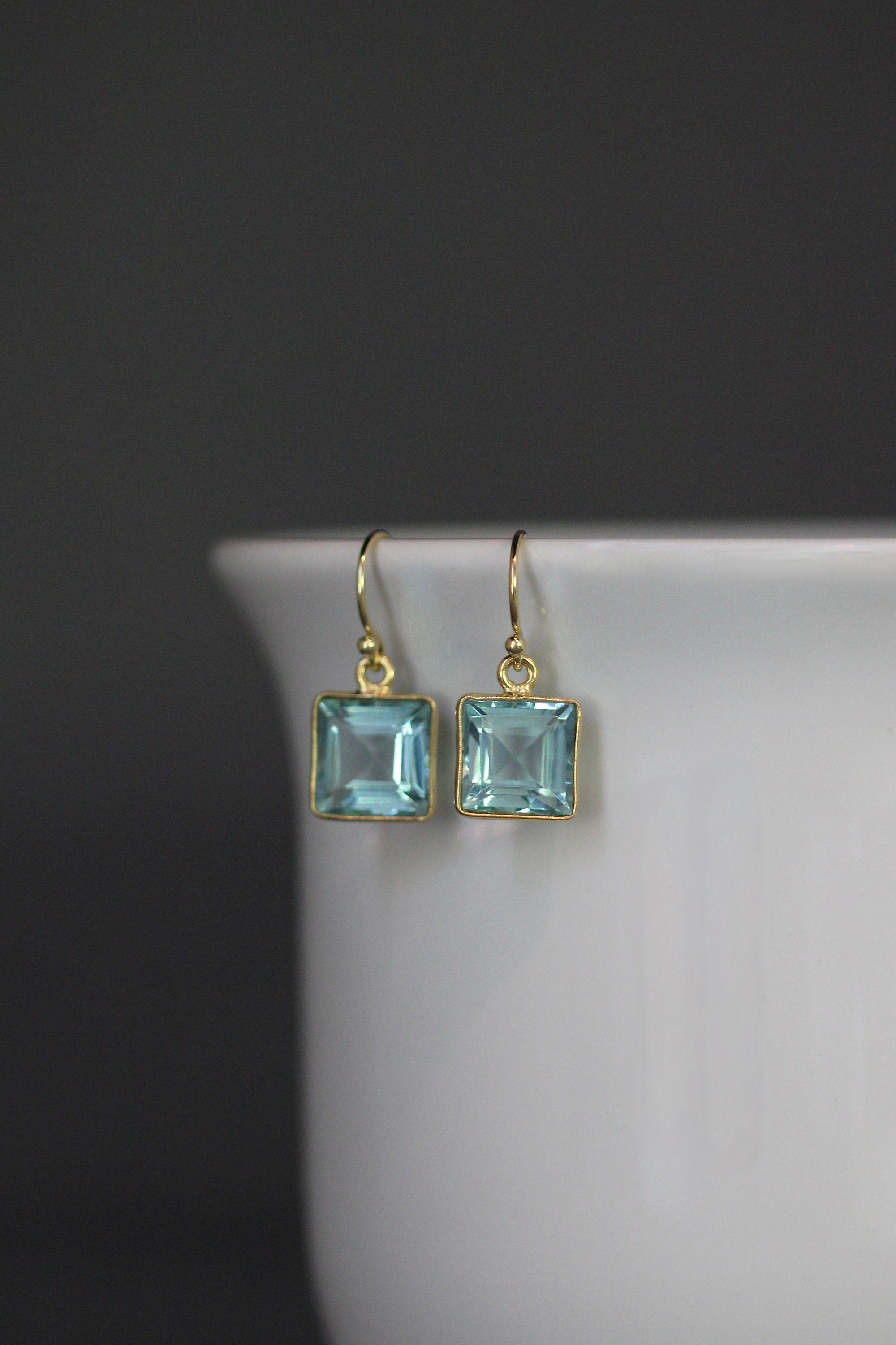 Blue Topaz Quartz Square Earrings in Gold Vermeil Bezel Settings
