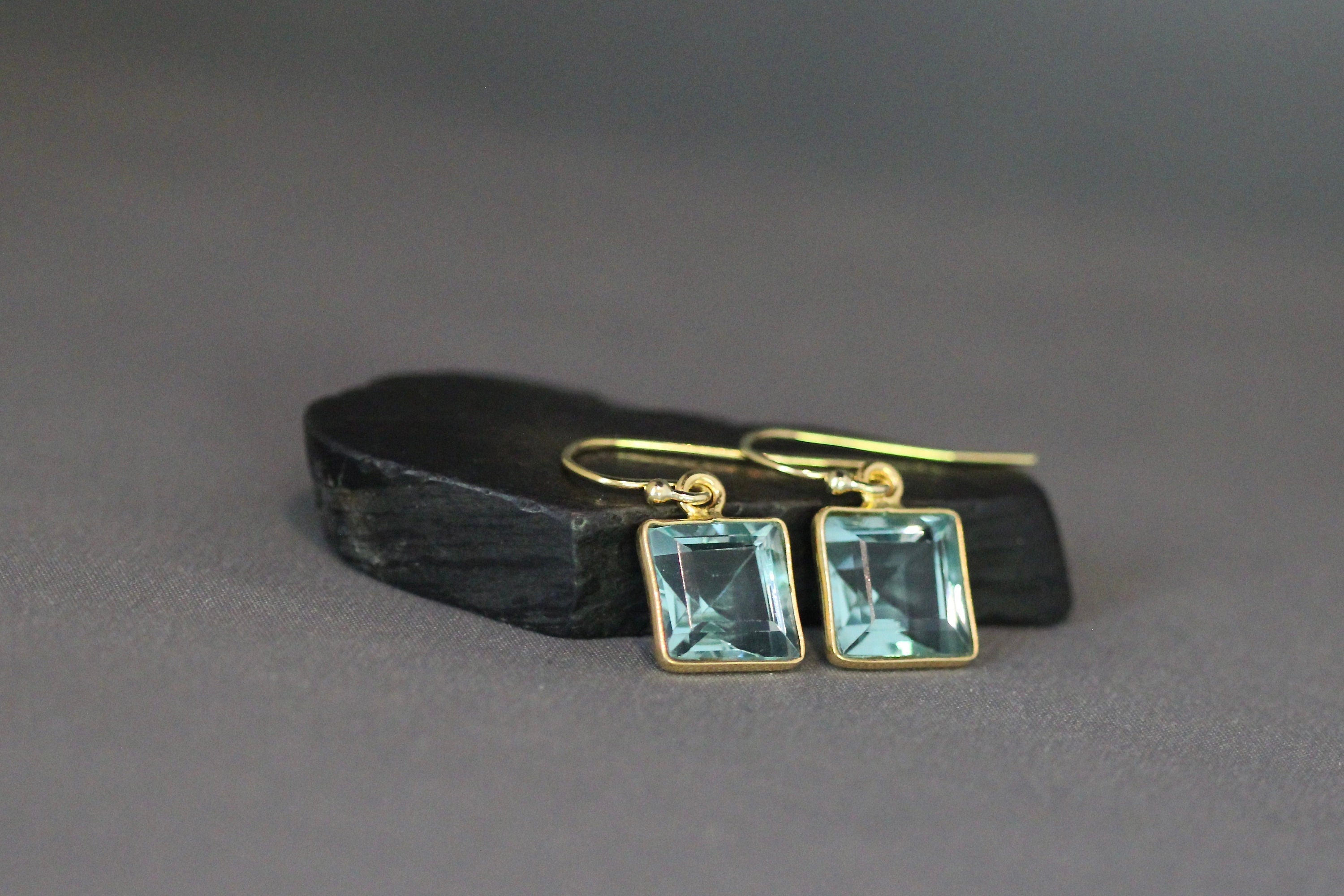 Blue Topaz Quartz Square Earrings in Gold Vermeil Bezel Settings