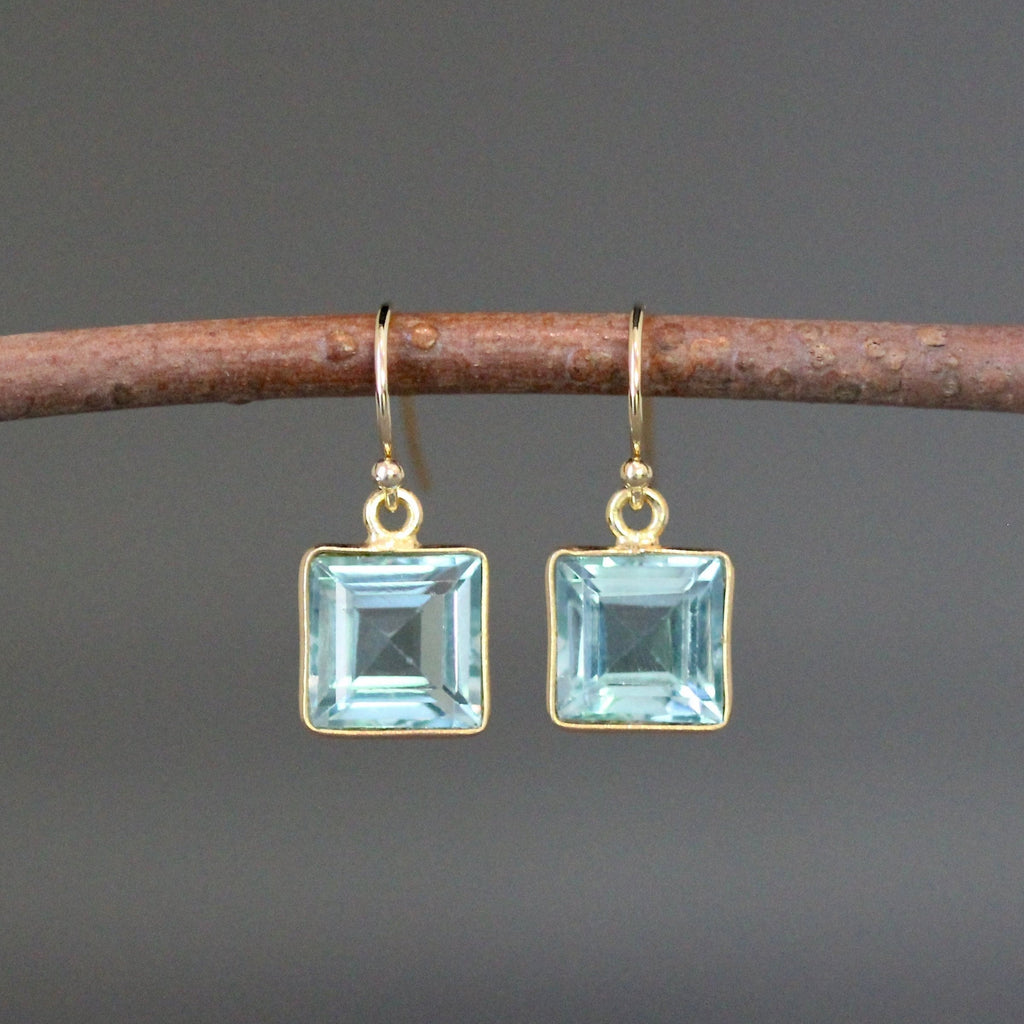 Blue Topaz Quartz Square Earrings in Gold Vermeil Bezel Settings