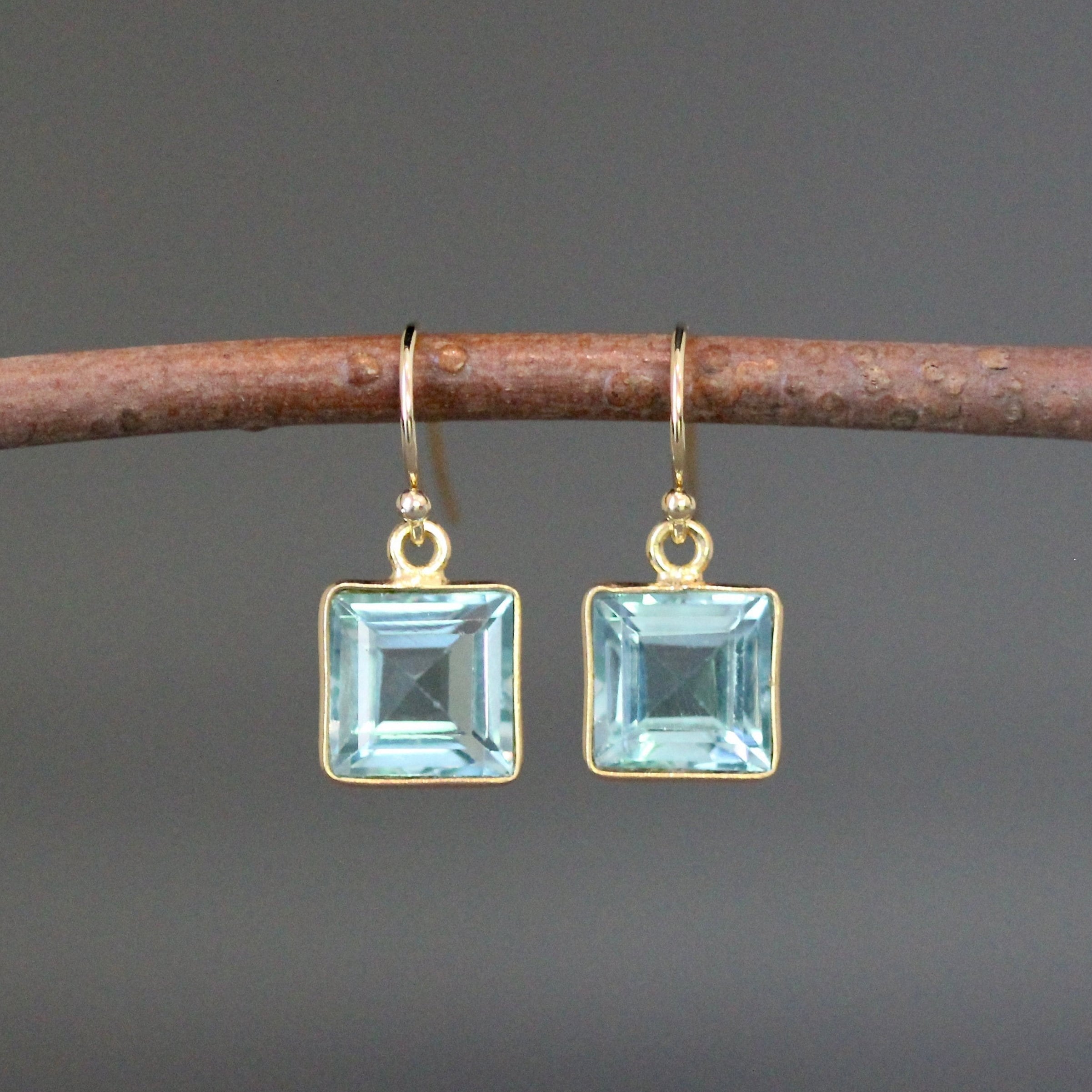 Blue Topaz Quartz Square Earrings in Gold Vermeil Bezel Settings