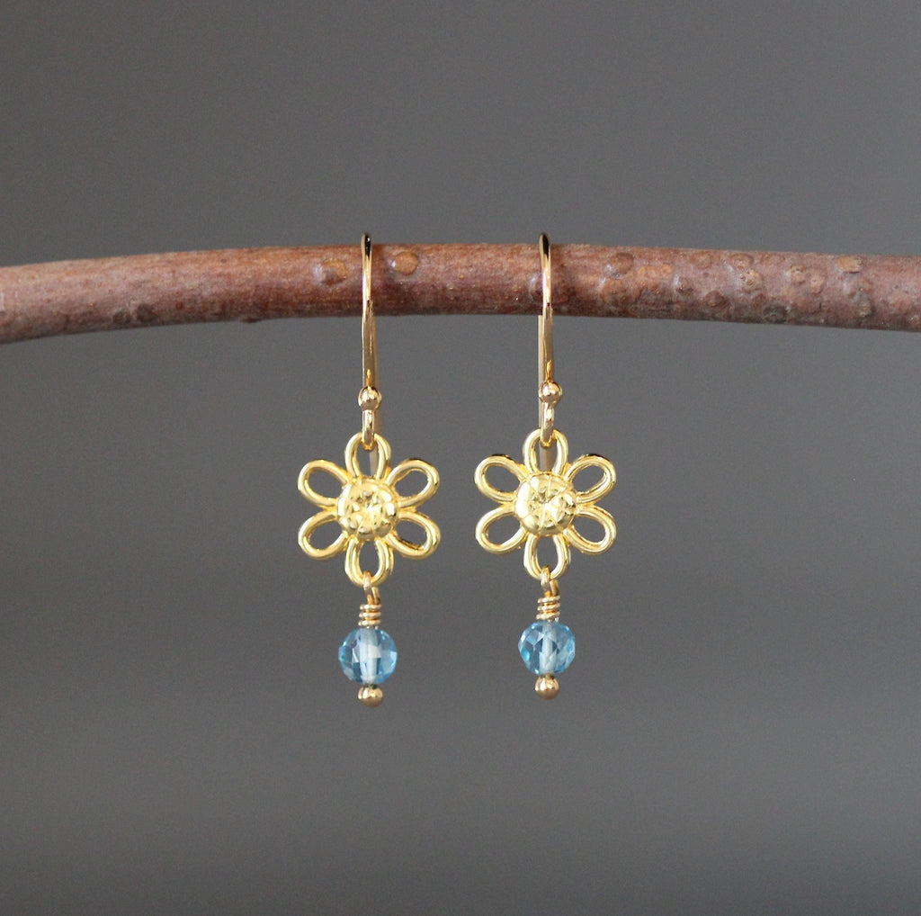 Blue Topaz Earrings on Gold Vermeil Flower Links