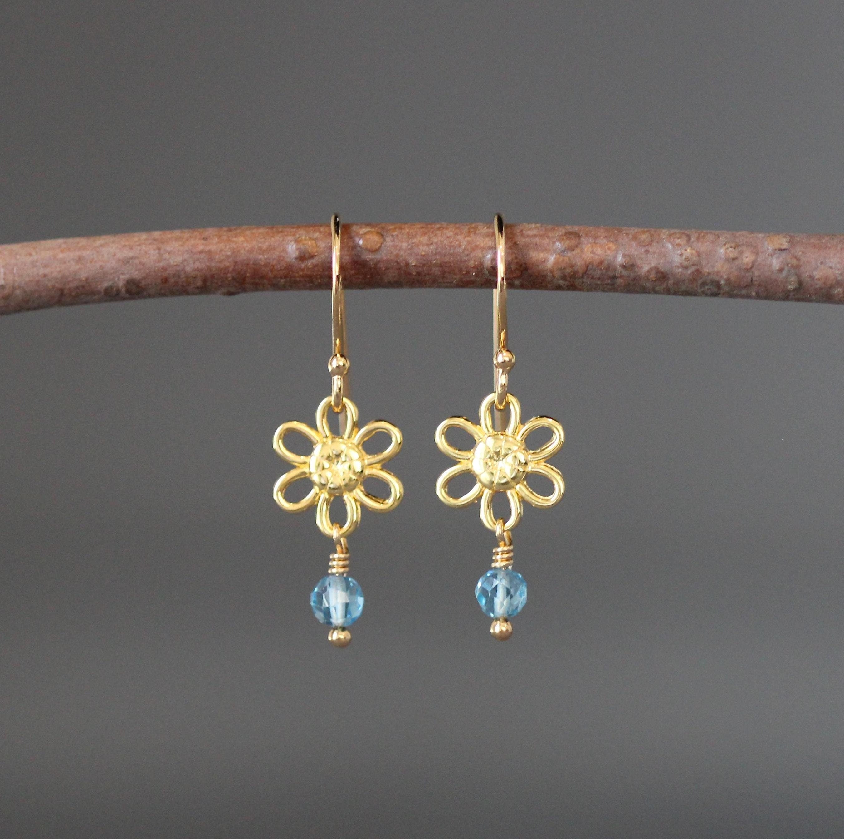 Blue Topaz Earrings on Gold Vermeil Flower Links